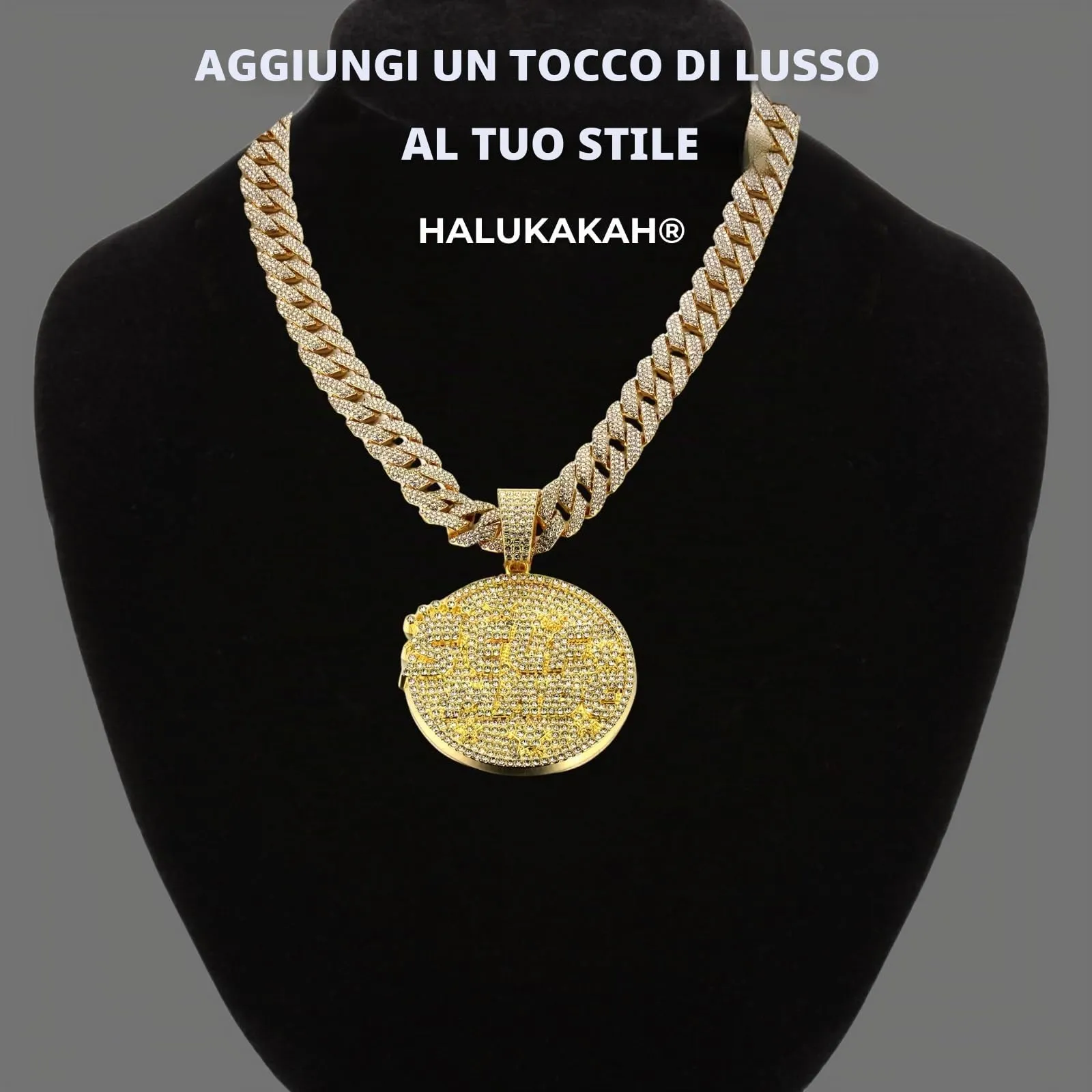 HALUKAKAH Collana Self Made con Diamanti di Laboratorio, Placcato Oro 18K, Catena Cubana 15mm 50cm - immagine 2