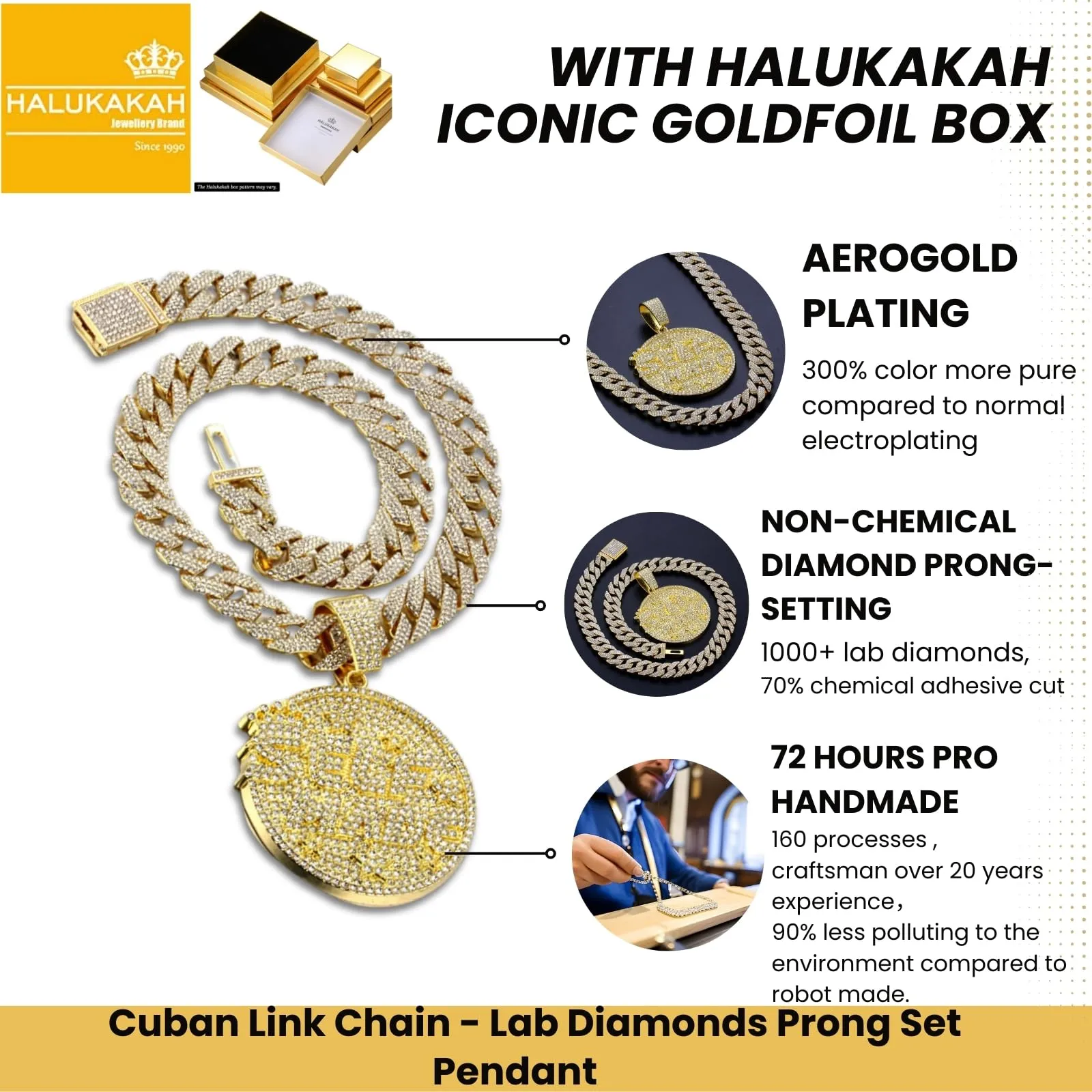 HALUKAKAH Collana Self Made con Diamanti di Laboratorio, Placcato Oro 18K, Catena Cubana 15mm 50cm - immagine 3