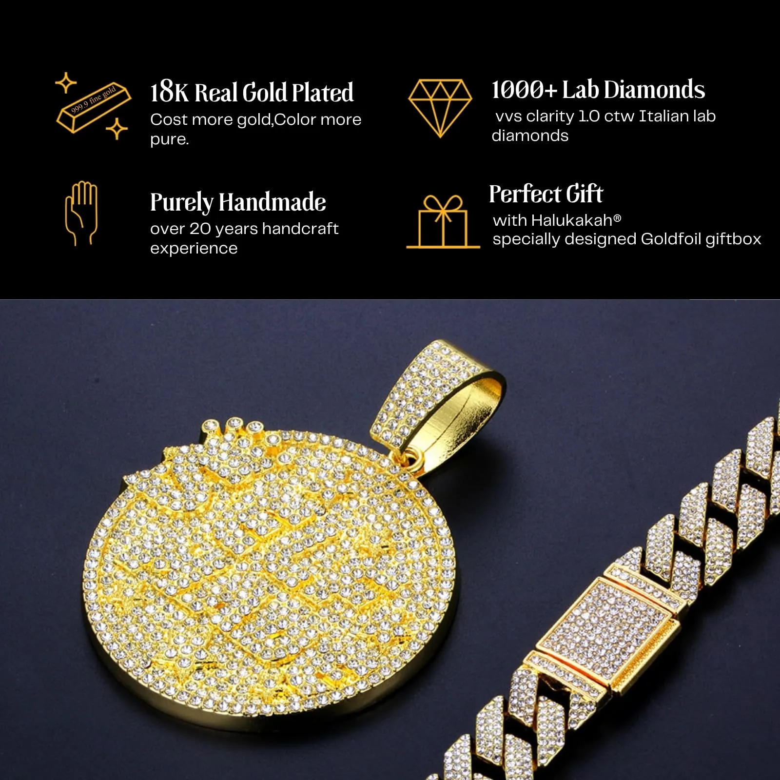 HALUKAKAH Collana Self Made con Diamanti di Laboratorio, Placcato Oro 18K, Catena Cubana 15mm 50cm - immagine 5