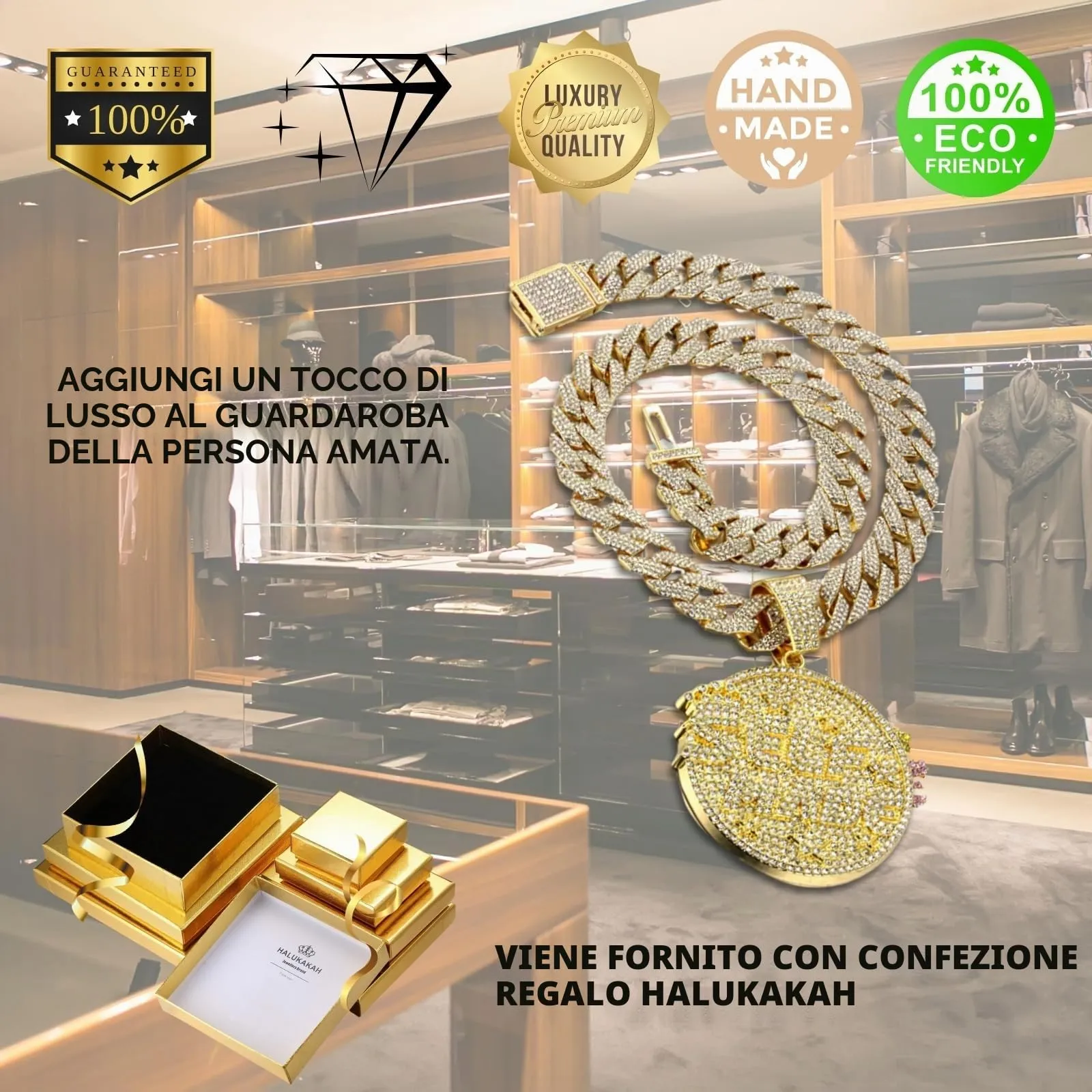 HALUKAKAH Collana Self Made con Diamanti di Laboratorio, Placcato Oro 18K, Catena Cubana 15mm 50cm - immagine 6