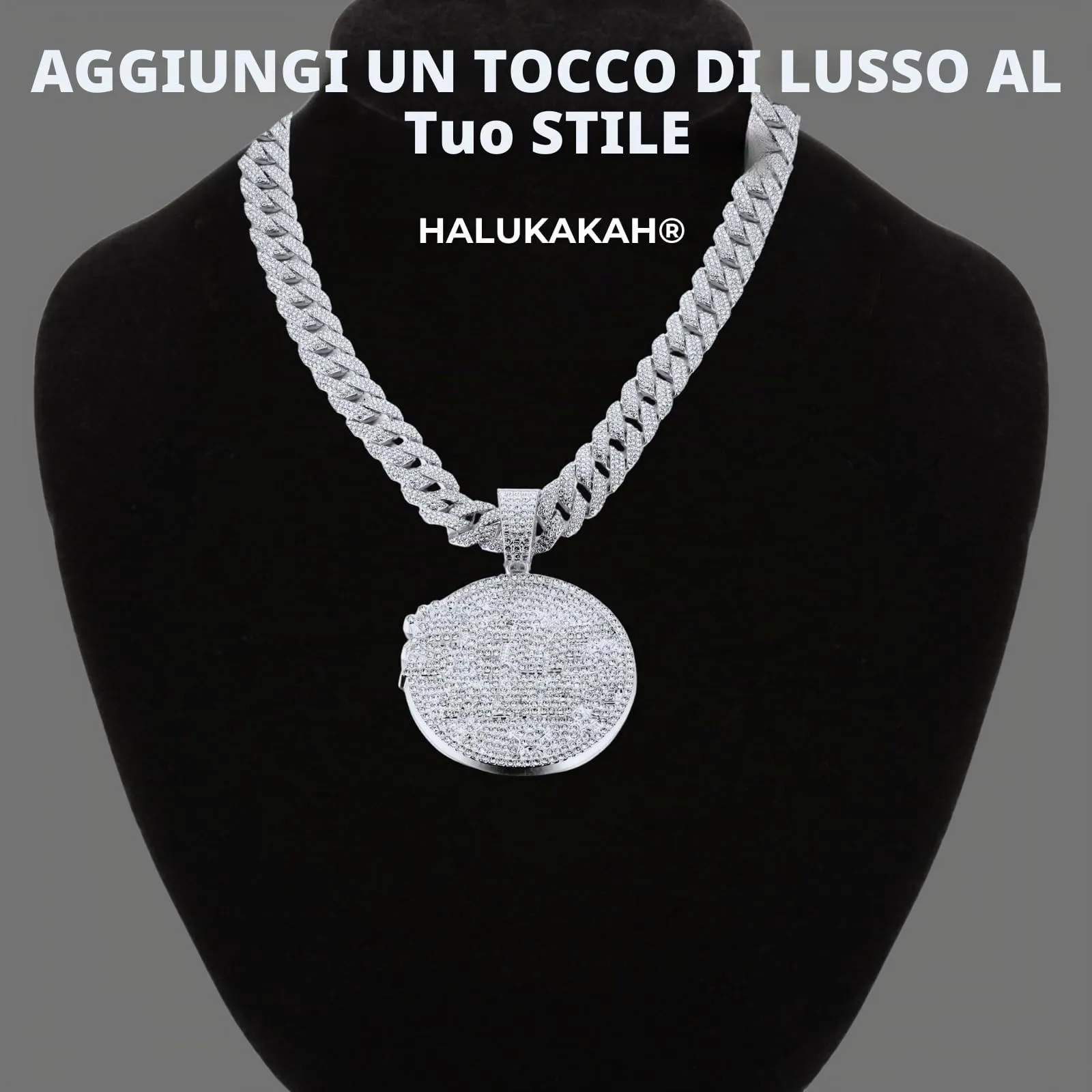 HALUKAKAH Collana Self Made in Diamanti da Uomo, Placcato in Platino, Pendente con Diamanti di Laboratorio e Catena Cubana 15mm 50cm - immagine 2