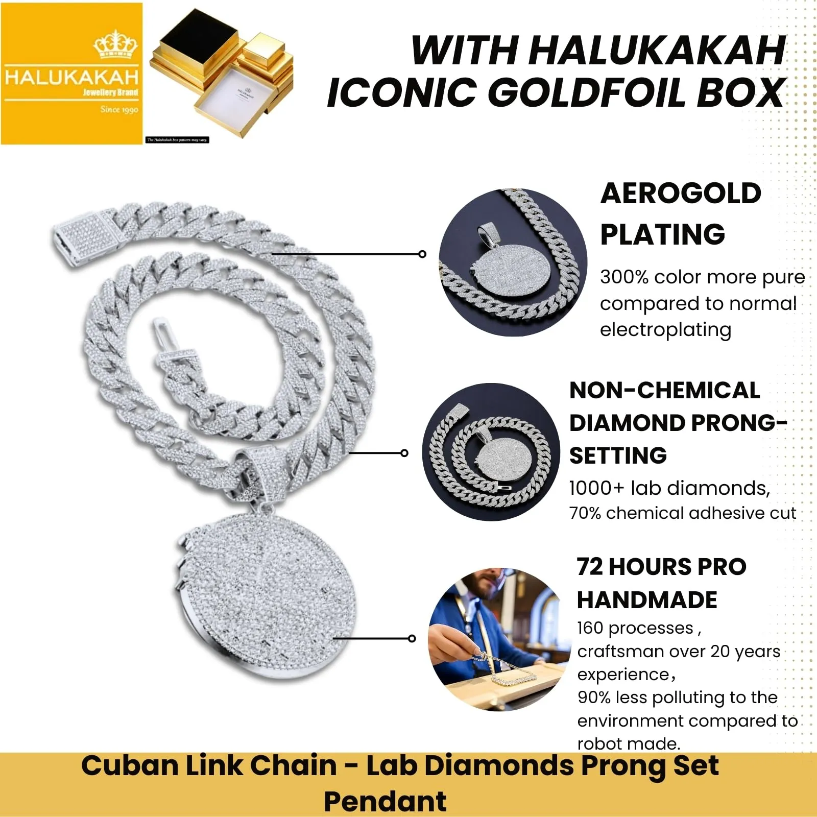 HALUKAKAH Collana Self Made in Diamanti da Uomo, Placcato in Platino, Pendente con Diamanti di Laboratorio e Catena Cubana 15mm 50cm - immagine 3