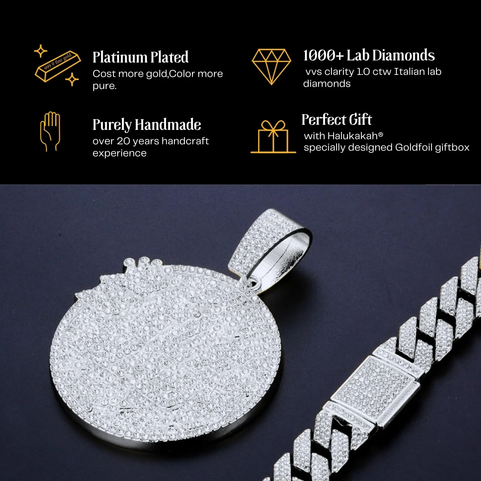 HALUKAKAH Collana Self Made in Diamanti da Uomo, Placcato in Platino, Pendente con Diamanti di Laboratorio e Catena Cubana 15mm 50cm - immagine 5