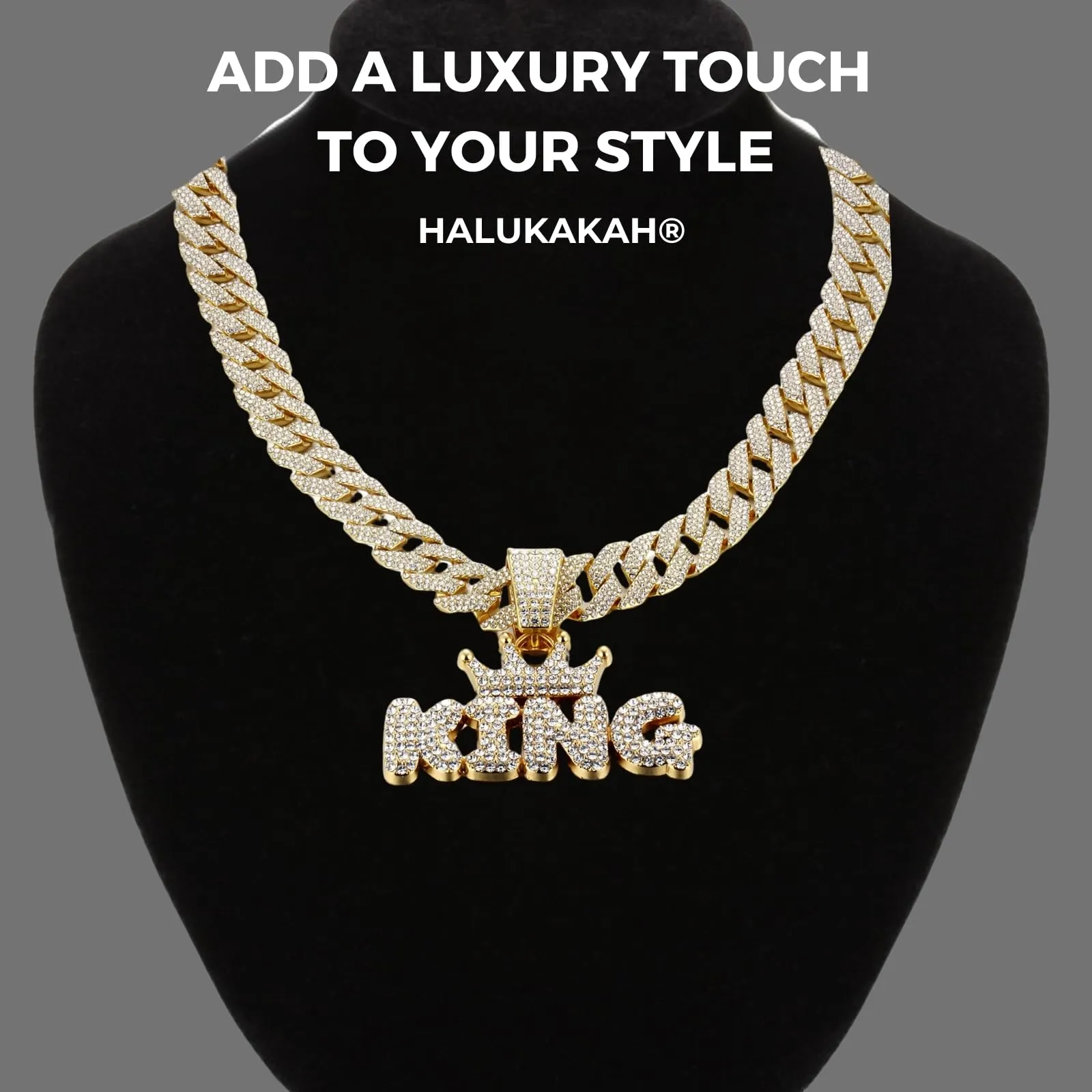 HALUKAKAH Collana da Uomo Placcata in Oro 18K con Diamanti di Laboratorio, Pendente Corona King con Lettere 3D e Catena Cubana 15mm 50cm - immagine 2