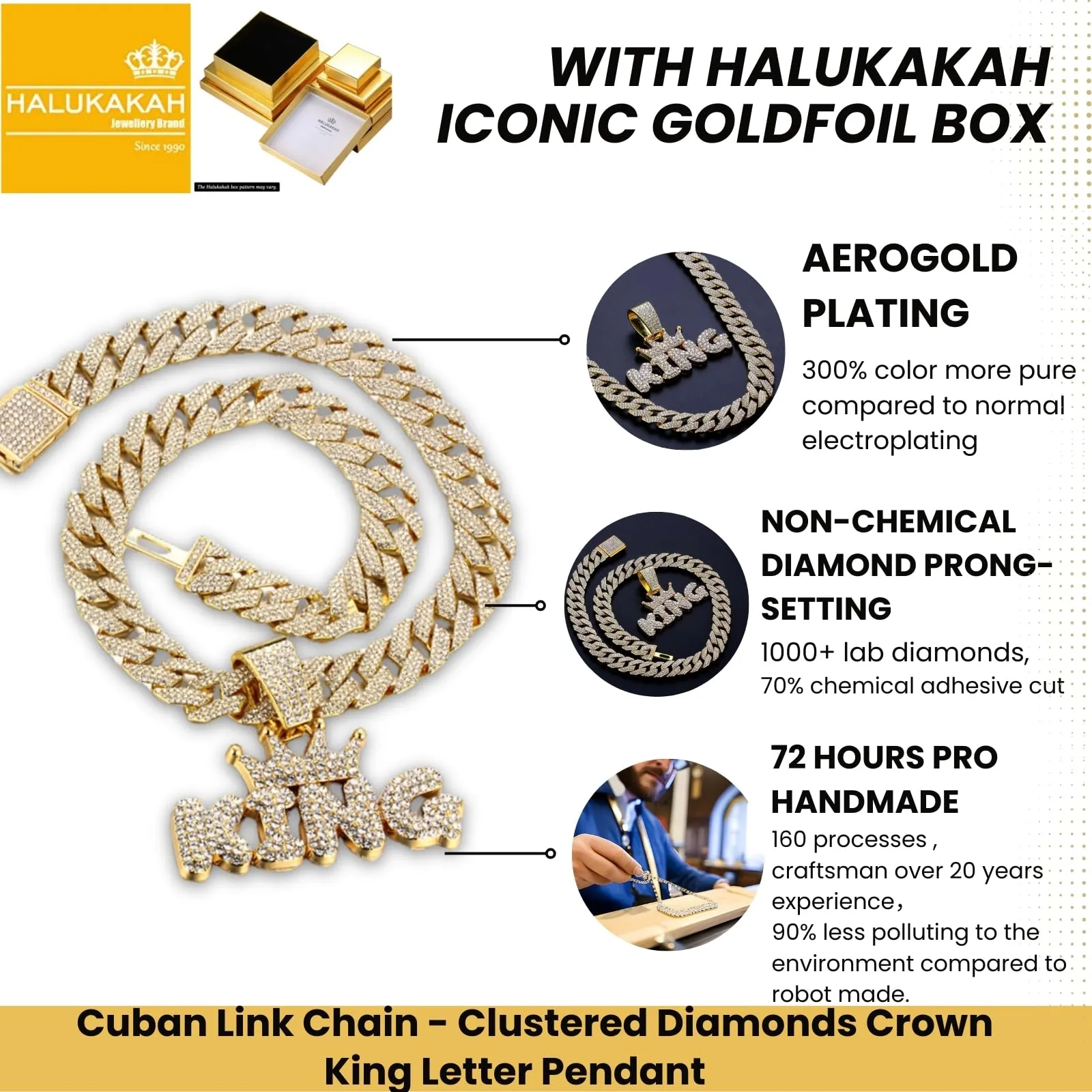 HALUKAKAH Collana da Uomo Placcata in Oro 18K con Diamanti di Laboratorio, Pendente Corona King con Lettere 3D e Catena Cubana 15mm 50cm - immagine 3