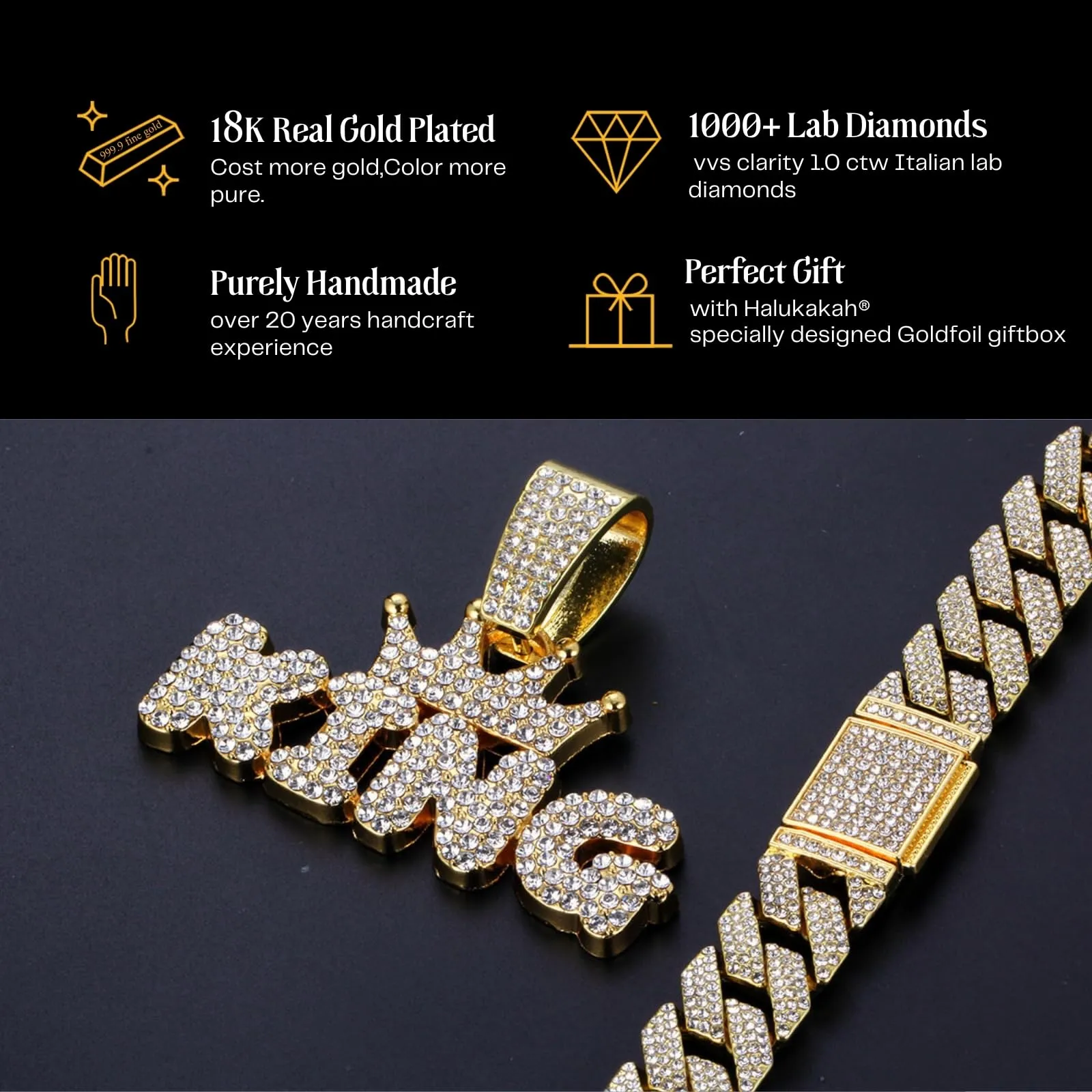 HALUKAKAH Collana da Uomo Placcata in Oro 18K con Diamanti di Laboratorio, Pendente Corona King con Lettere 3D e Catena Cubana 15mm 50cm - immagine 5