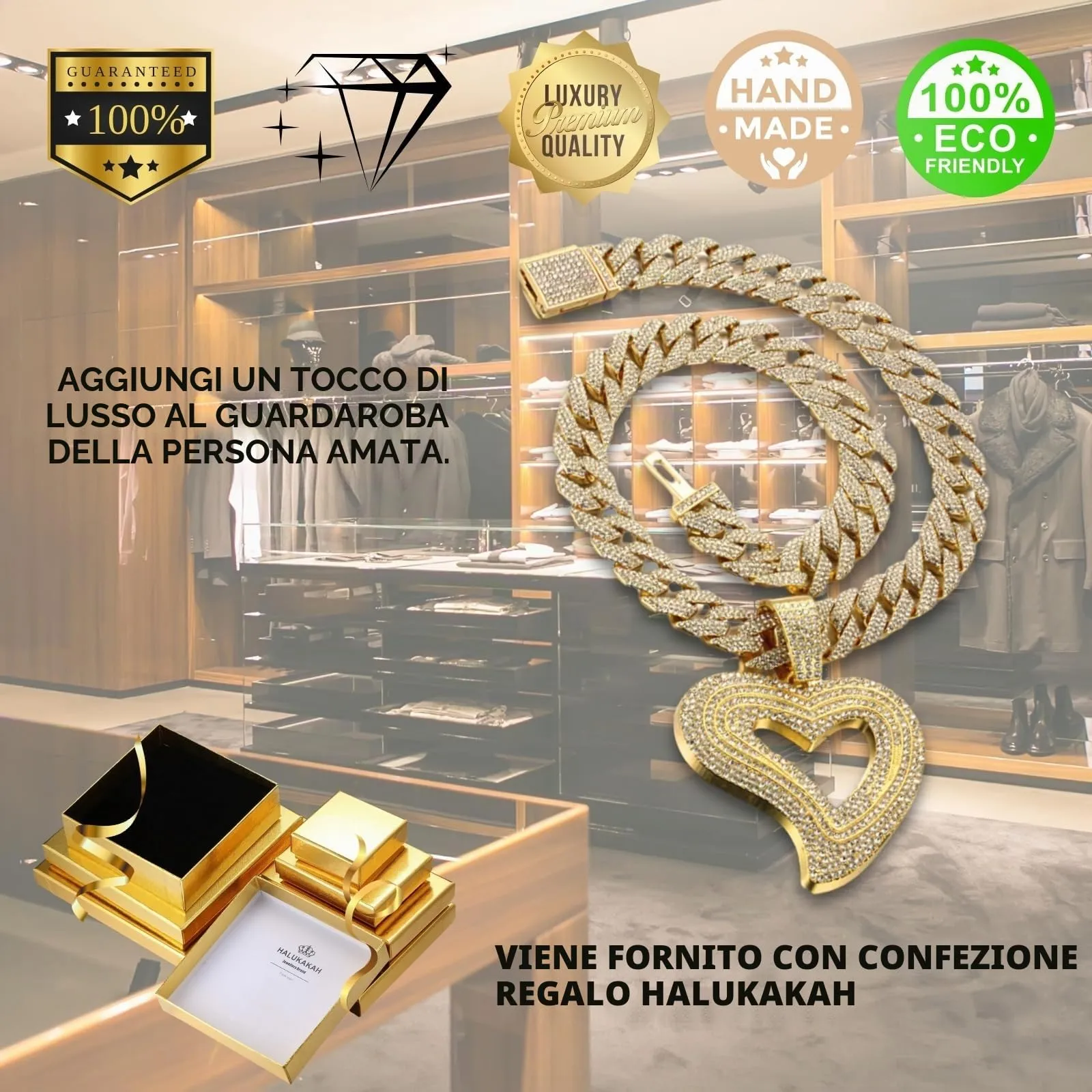 HALUKAKAH Collana da Uomo Placcata in Oro 18K con Diamanti di Laboratorio, Pendente Corona King con Lettere 3D e Catena Cubana 15mm 50cm - immagine 6