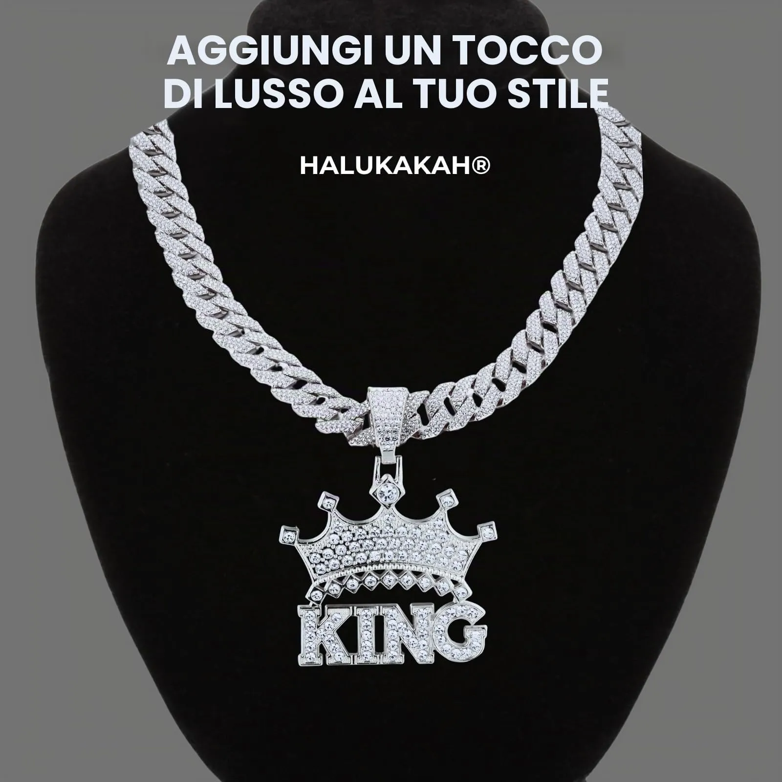 HALUKAKAH Collana Corona King con Diamanti di Laboratorio, Placcato in Platino, Pendente con Lettere 3D, Catena Cubana 15mm 50cm - immagine 2