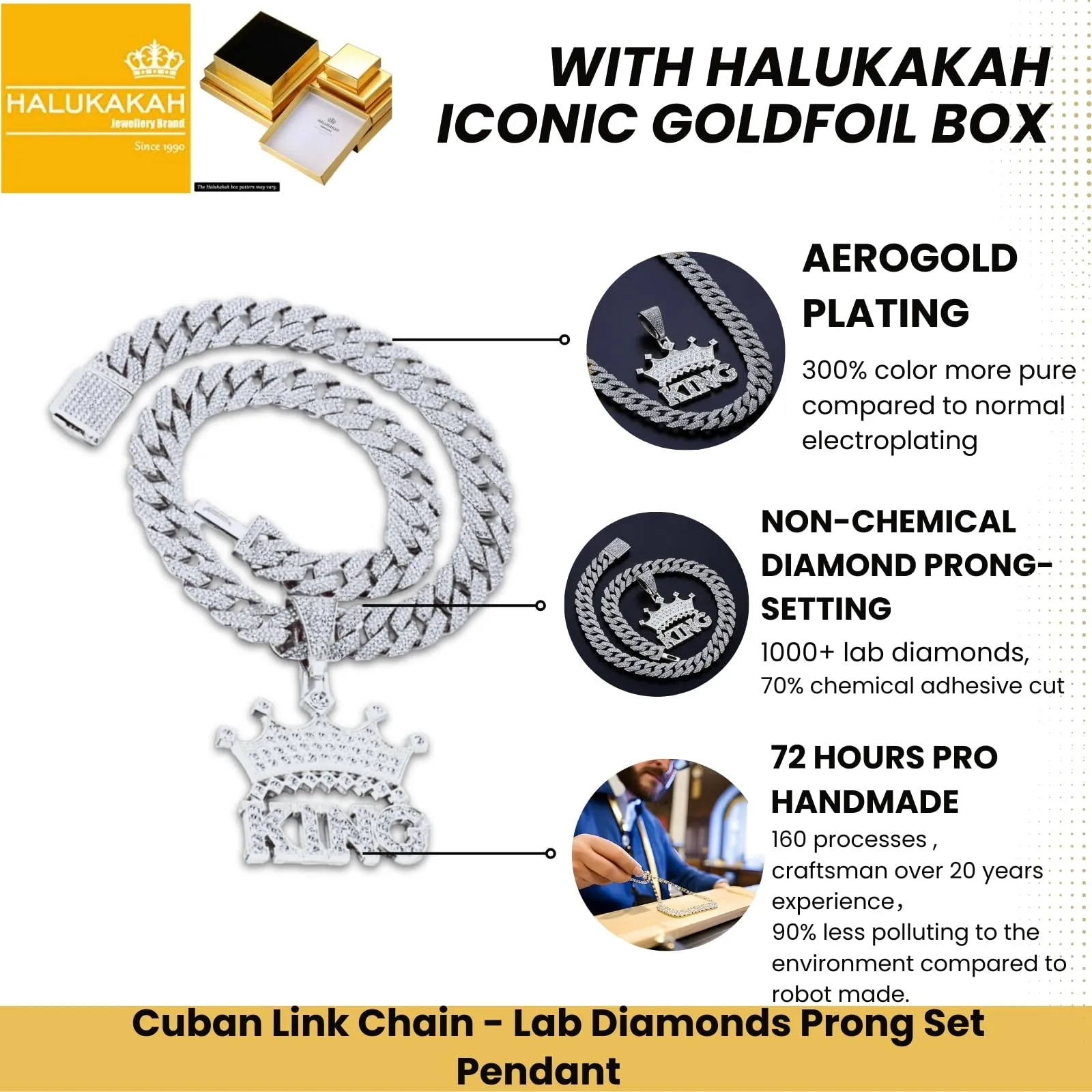 HALUKAKAH Collana Corona King con Diamanti di Laboratorio, Placcato in Platino, Pendente con Lettere 3D, Catena Cubana 15mm 50cm - immagine 3