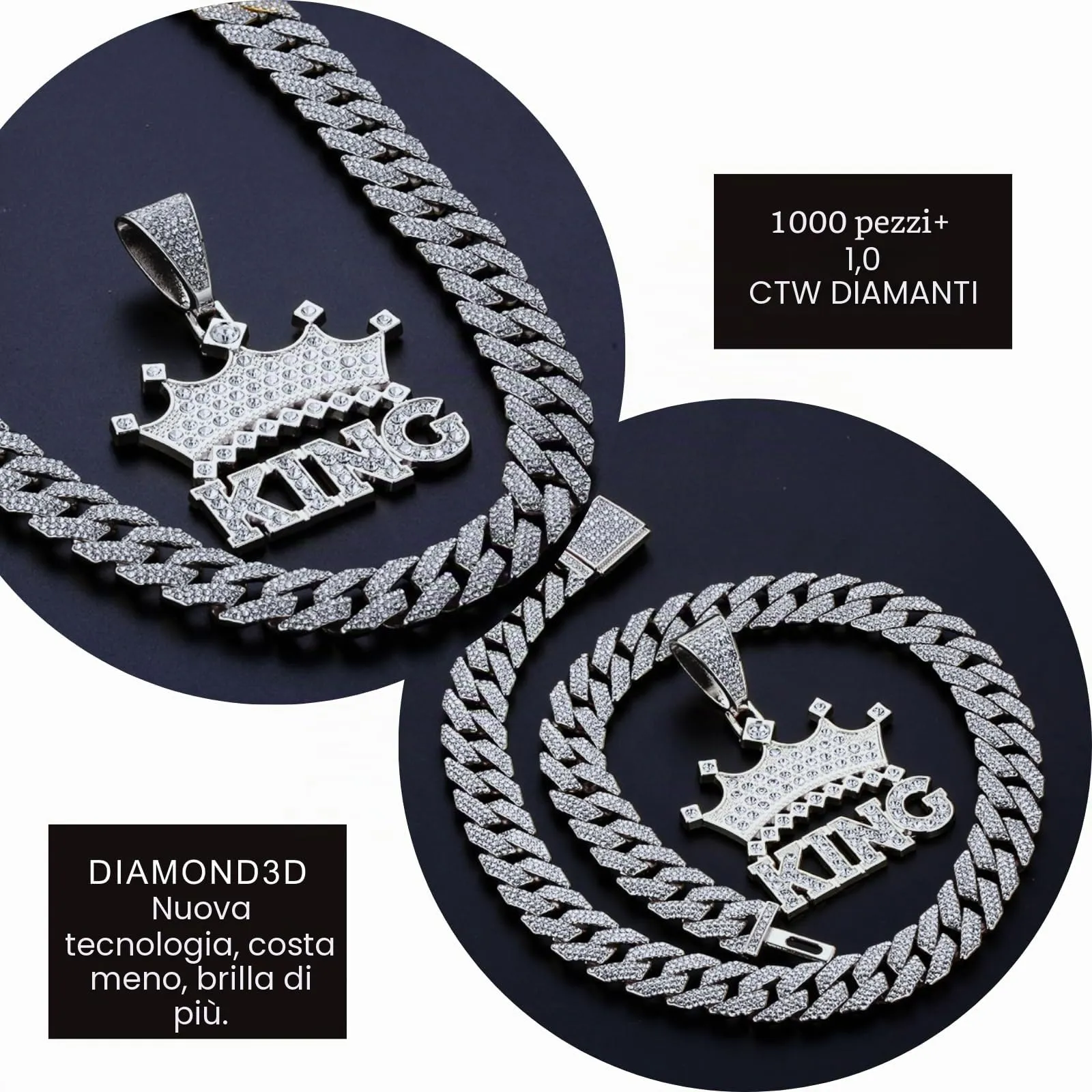 HALUKAKAH Collana Corona King con Diamanti di Laboratorio, Placcato in Platino, Pendente con Lettere 3D, Catena Cubana 15mm 50cm - immagine 4