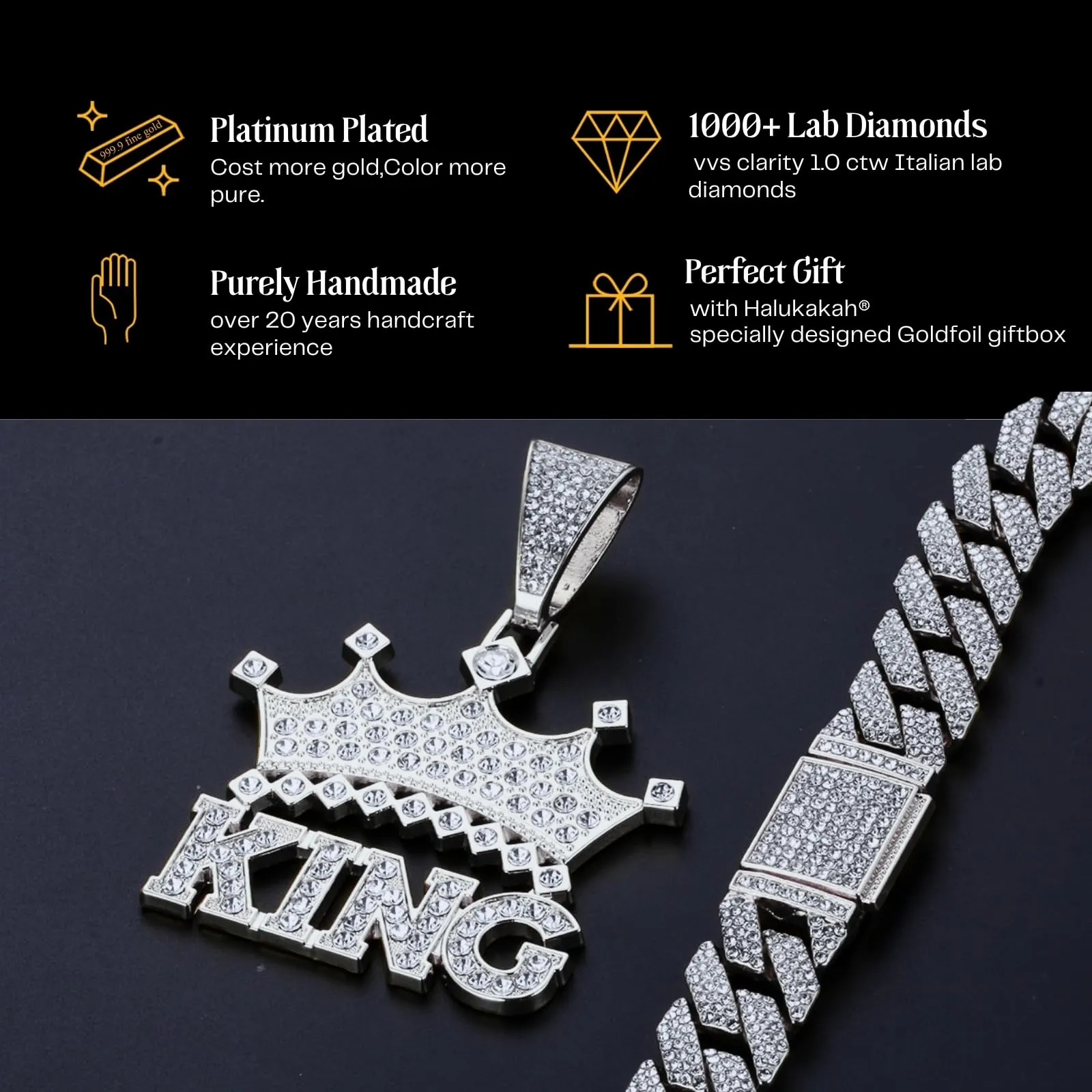 HALUKAKAH Collana Corona King con Diamanti di Laboratorio, Placcato in Platino, Pendente con Lettere 3D, Catena Cubana 15mm 50cm - immagine 5