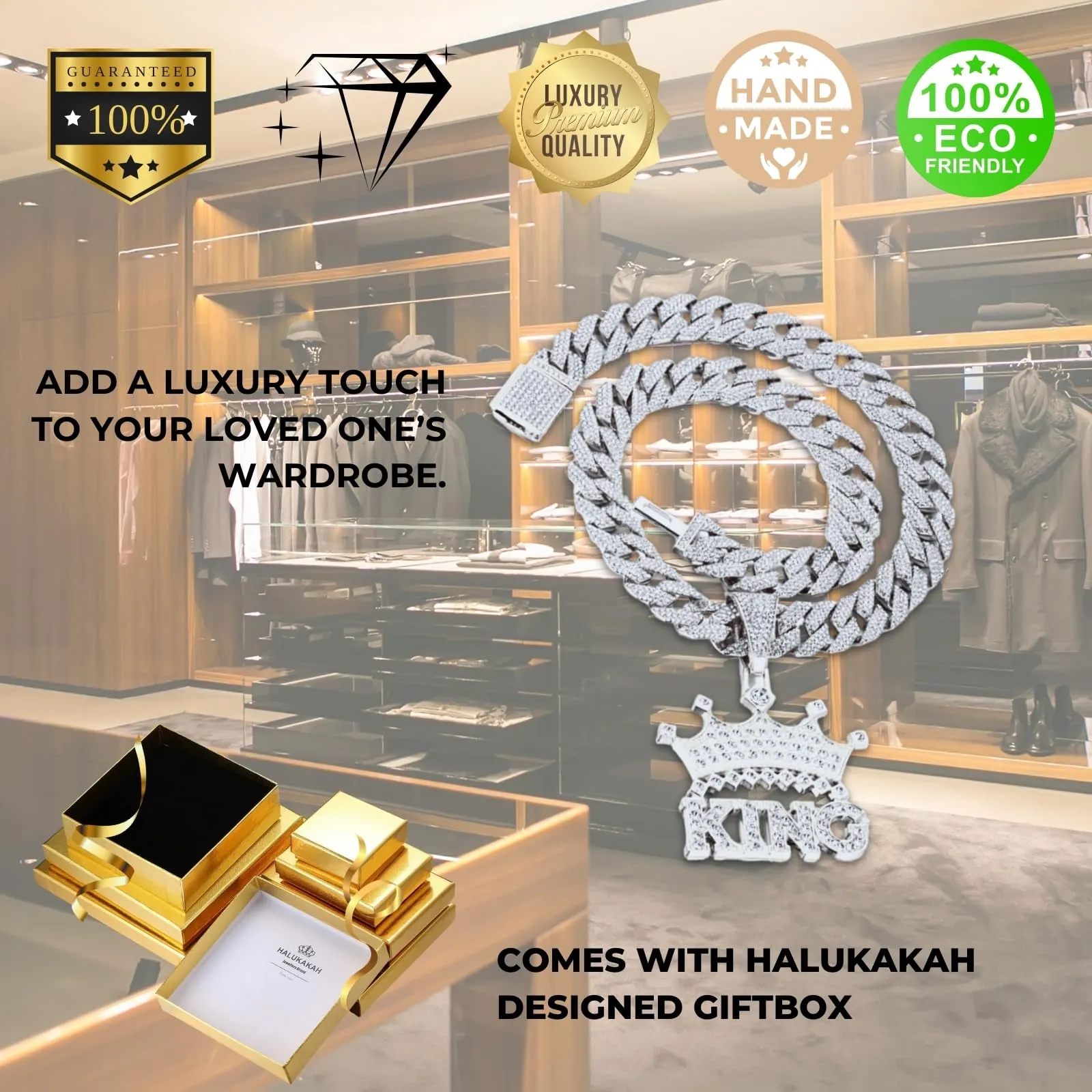 HALUKAKAH Collana Corona King con Diamanti di Laboratorio, Placcato in Platino, Pendente con Lettere 3D, Catena Cubana 15mm 50cm - immagine 6