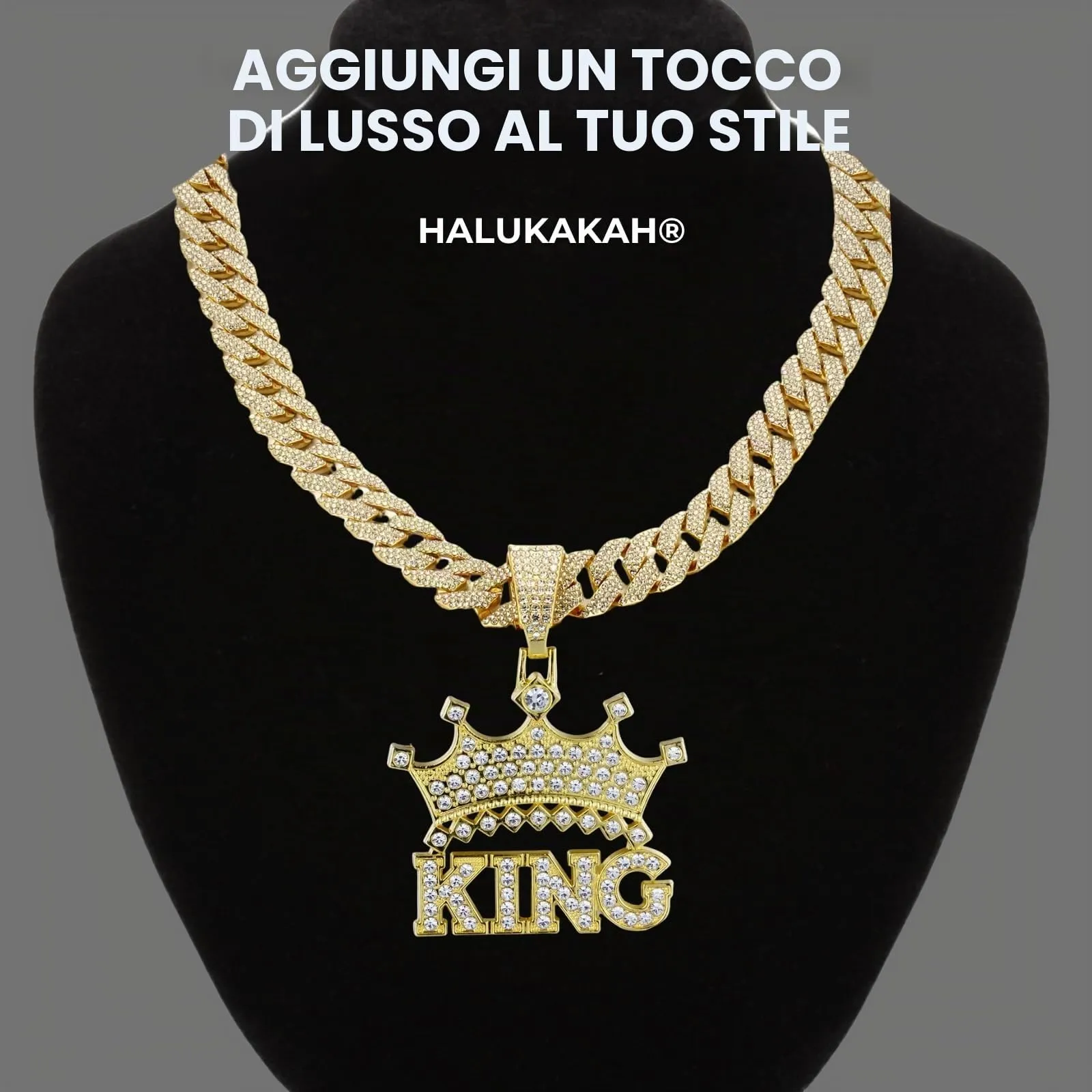 HALUKAKAH Collana Corona King con Diamanti da Uomo, Placcato Oro 18K, Pendente Lettere 3D, Catena Cubana 15mm 50cm - immagine 2