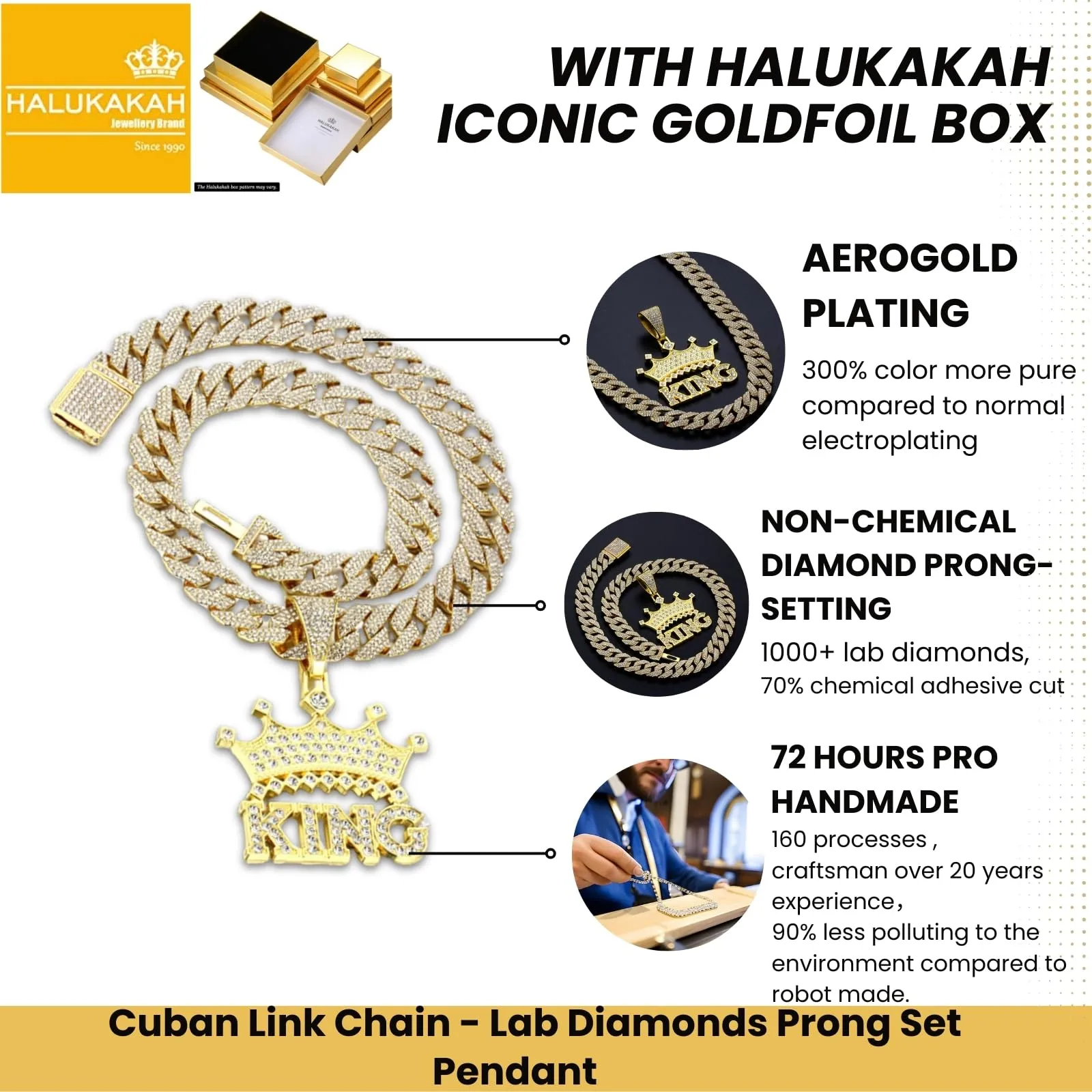 HALUKAKAH Collana Corona King con Diamanti da Uomo, Placcato Oro 18K, Pendente Lettere 3D, Catena Cubana 15mm 50cm - immagine 3