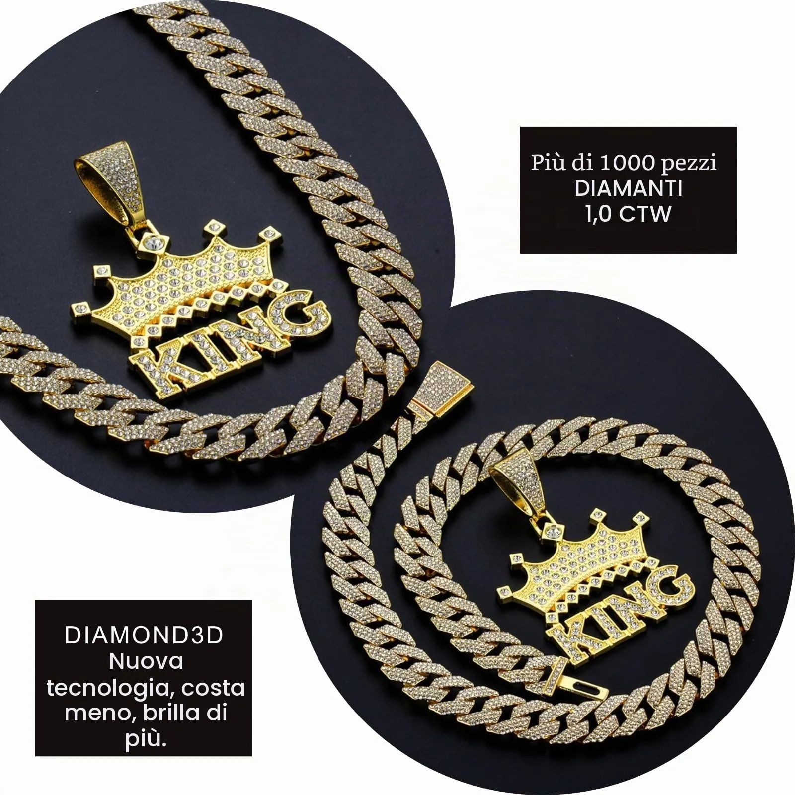 HALUKAKAH Collana Corona King con Diamanti da Uomo, Placcato Oro 18K, Pendente Lettere 3D, Catena Cubana 15mm 50cm - immagine 4