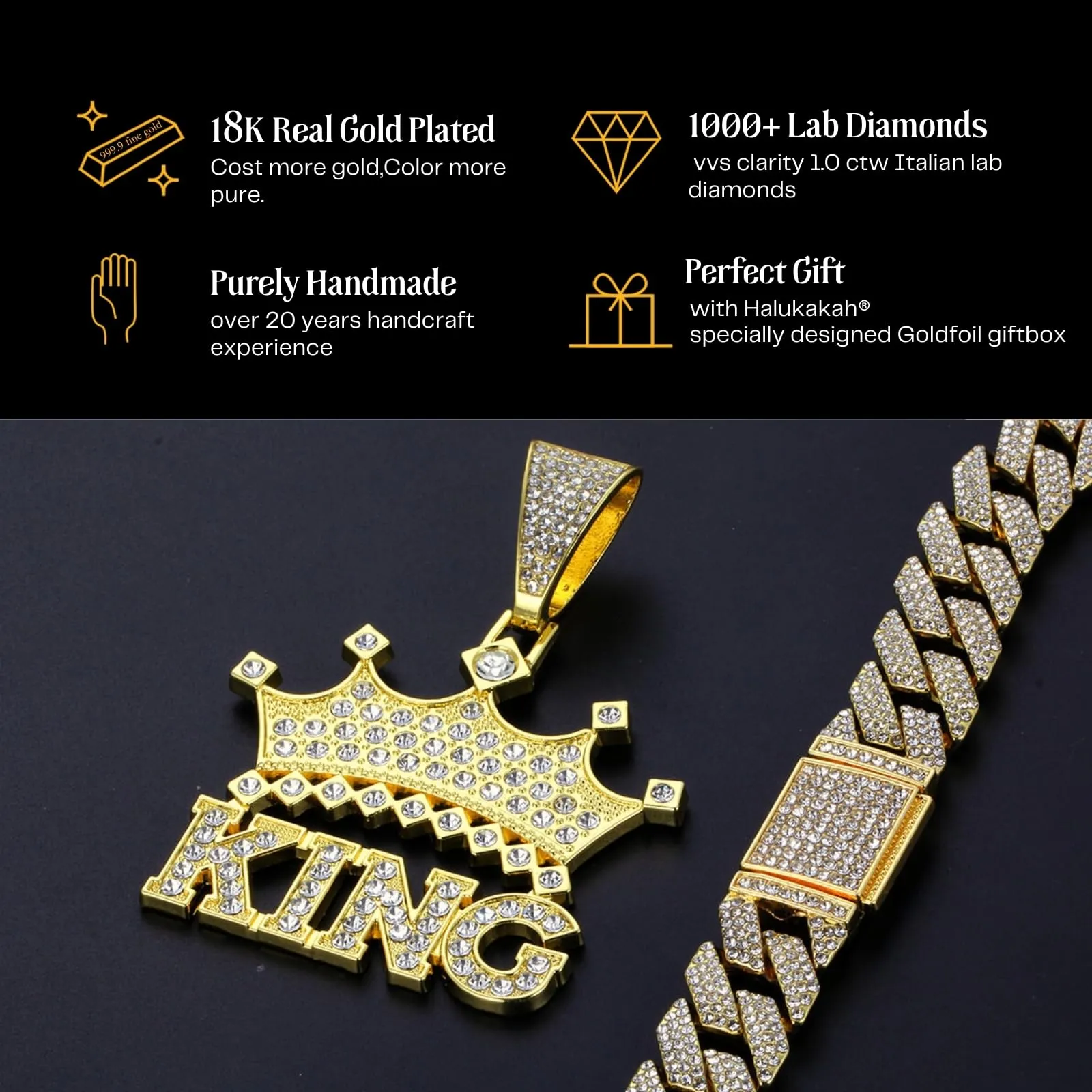 HALUKAKAH Collana Corona King con Diamanti da Uomo, Placcato Oro 18K, Pendente Lettere 3D, Catena Cubana 15mm 50cm - immagine 5