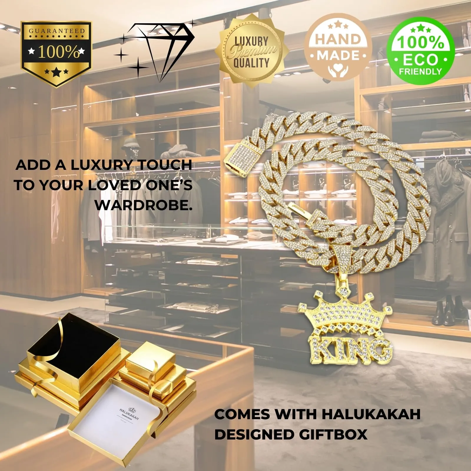 HALUKAKAH Collana Corona King con Diamanti da Uomo, Placcato Oro 18K, Pendente Lettere 3D, Catena Cubana 15mm 50cm - immagine 6