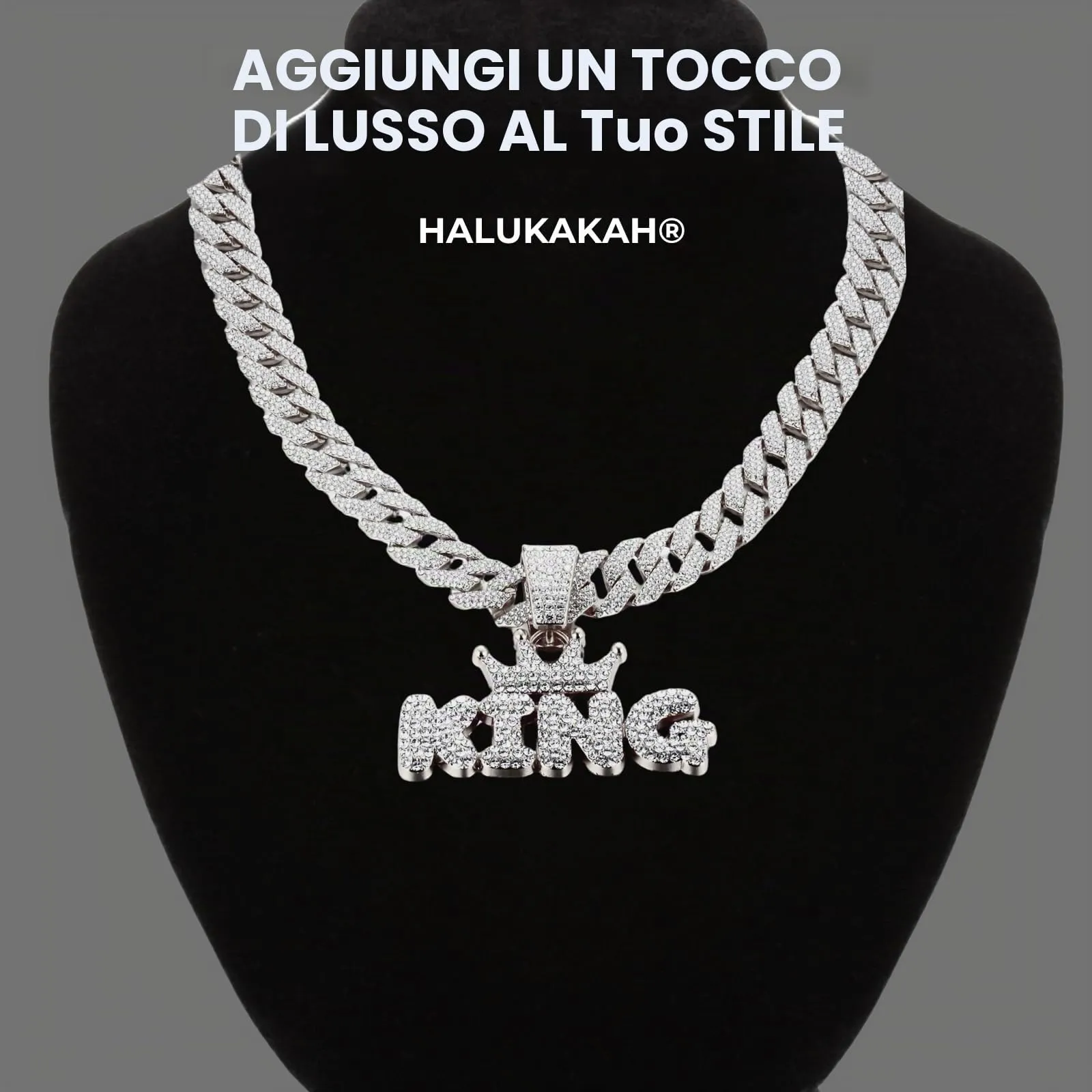 HALUKAKAH Collana da Uomo Placcata in Platino con Diamanti di Laboratorio, Pendente Corona King con Lettere 3D e Catena Cubana 15mm 50cm - immagine 2