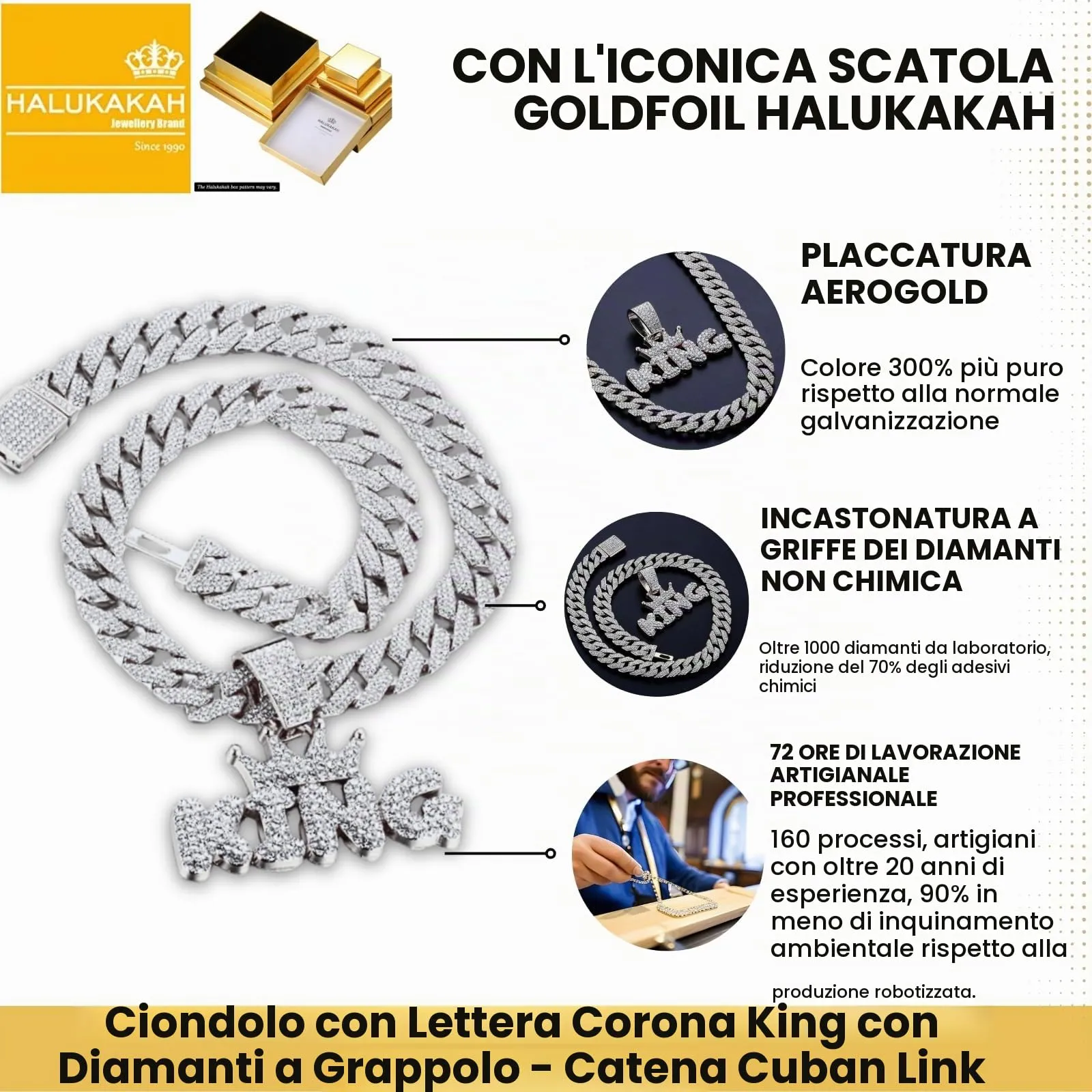 HALUKAKAH Collana da Uomo Placcata in Platino con Diamanti di Laboratorio, Pendente Corona King con Lettere 3D e Catena Cubana 15mm 50cm - immagine 3