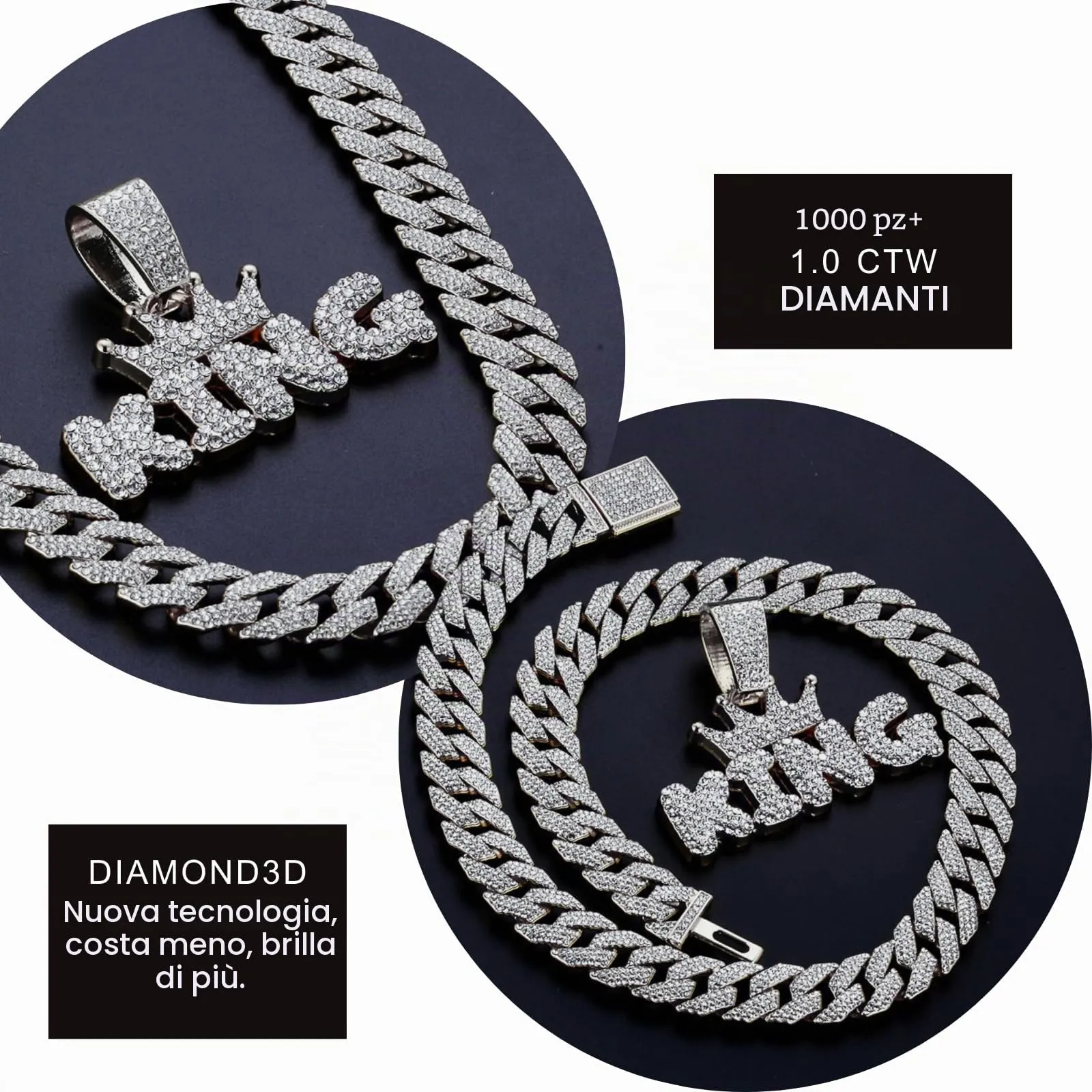 HALUKAKAH Collana da Uomo Placcata in Platino con Diamanti di Laboratorio, Pendente Corona King con Lettere 3D e Catena Cubana 15mm 50cm - immagine 4