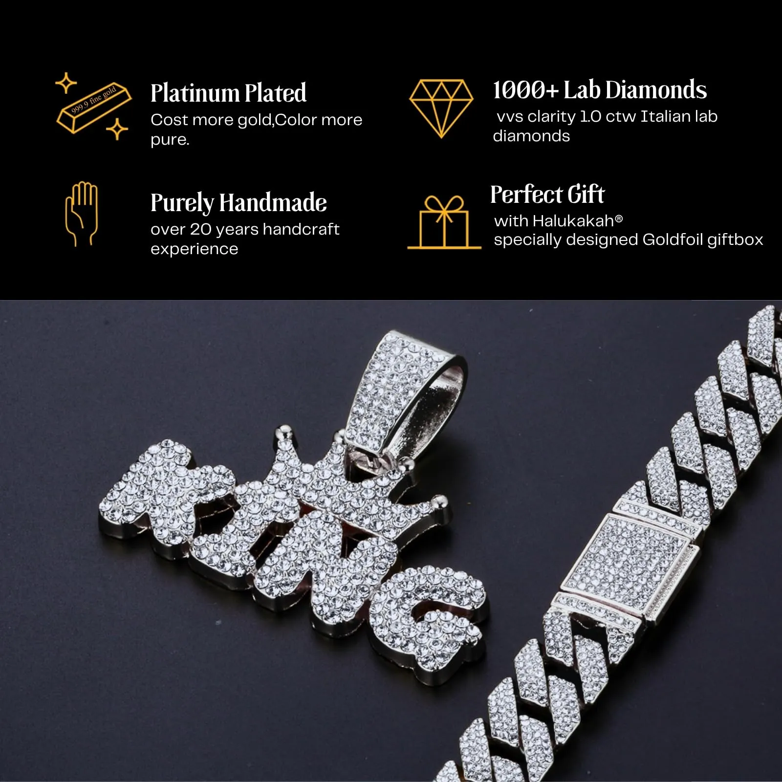 HALUKAKAH Collana da Uomo Placcata in Platino con Diamanti di Laboratorio, Pendente Corona King con Lettere 3D e Catena Cubana 15mm 50cm - immagine 5