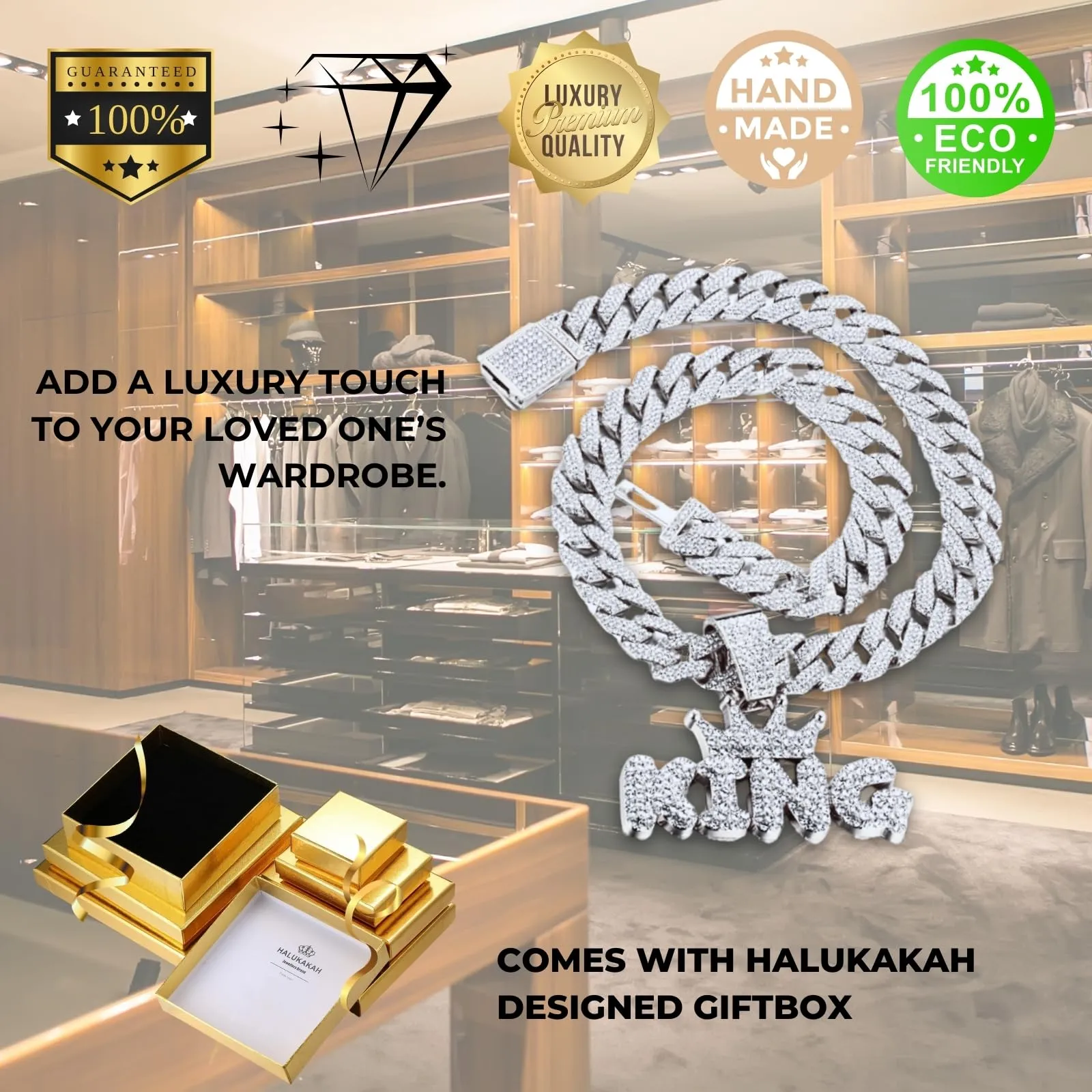 HALUKAKAH Collana da Uomo Placcata in Platino con Diamanti di Laboratorio, Pendente Corona King con Lettere 3D e Catena Cubana 15mm 50cm - immagine 6