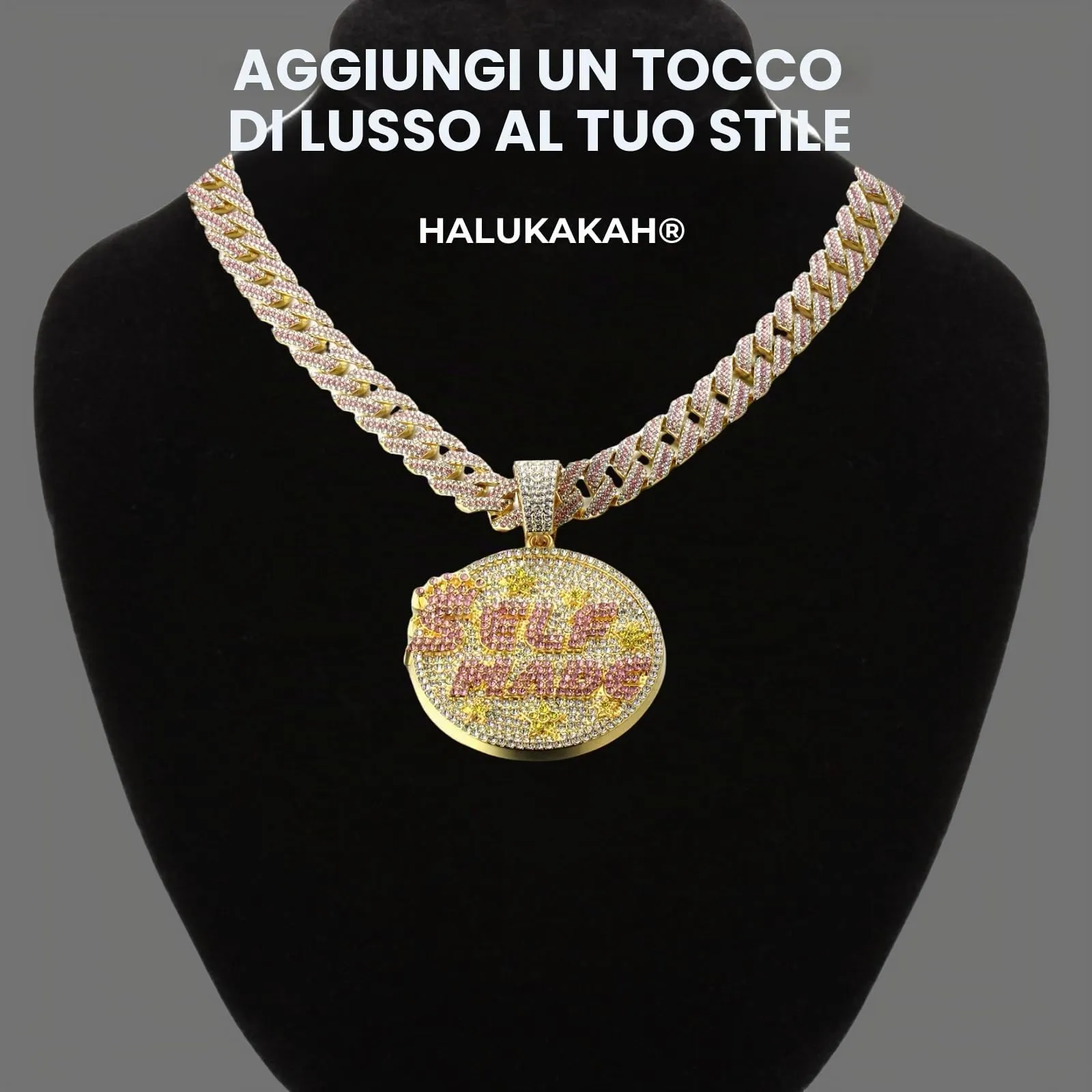 HALUKAKAH Collana Self Made in Oro 18K con Diamanti Rosa di Laboratorio, Catena Cubana 15mm 50cm - immagine 2
