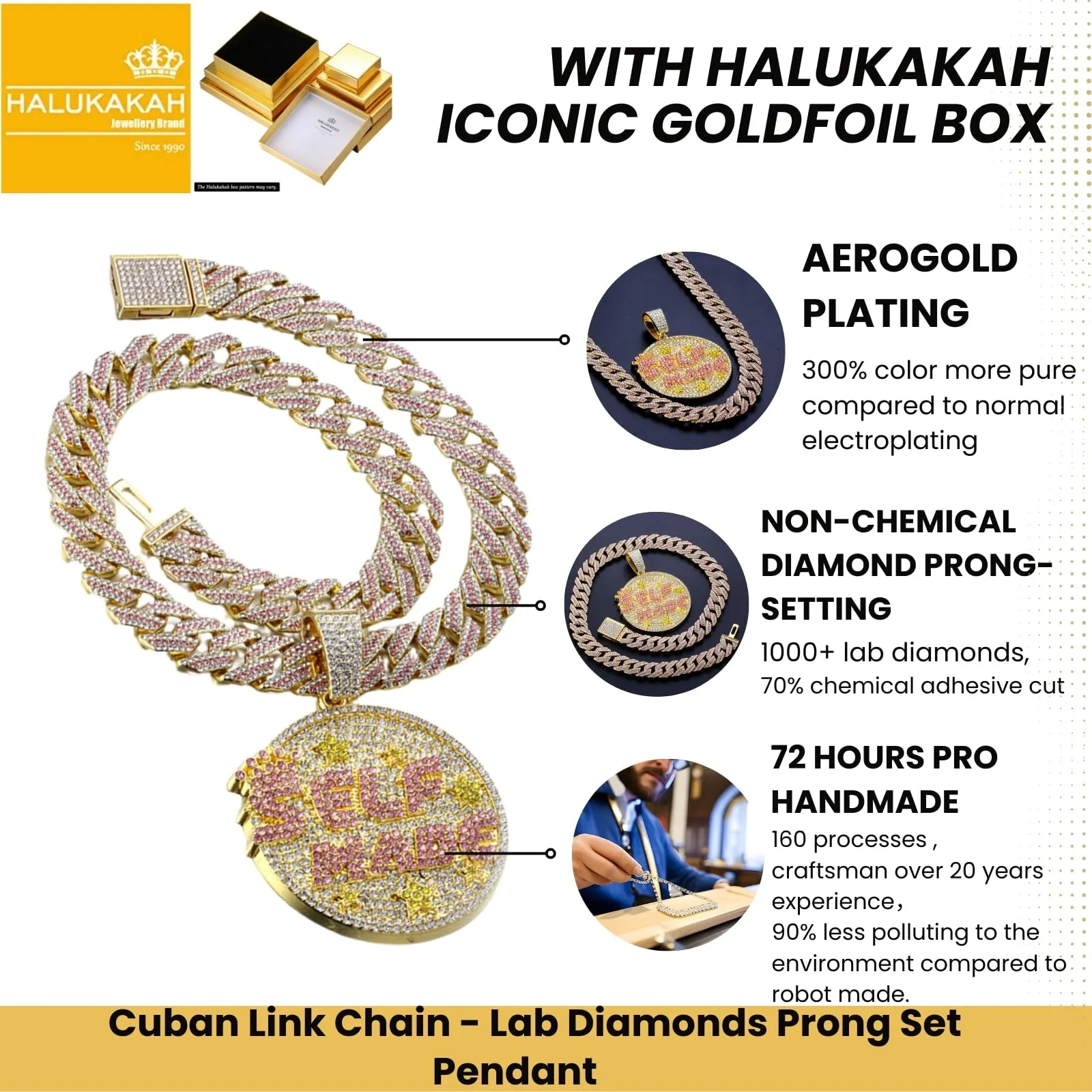 HALUKAKAH Collana Self Made in Oro 18K con Diamanti Rosa di Laboratorio, Catena Cubana 15mm 50cm - immagine 3