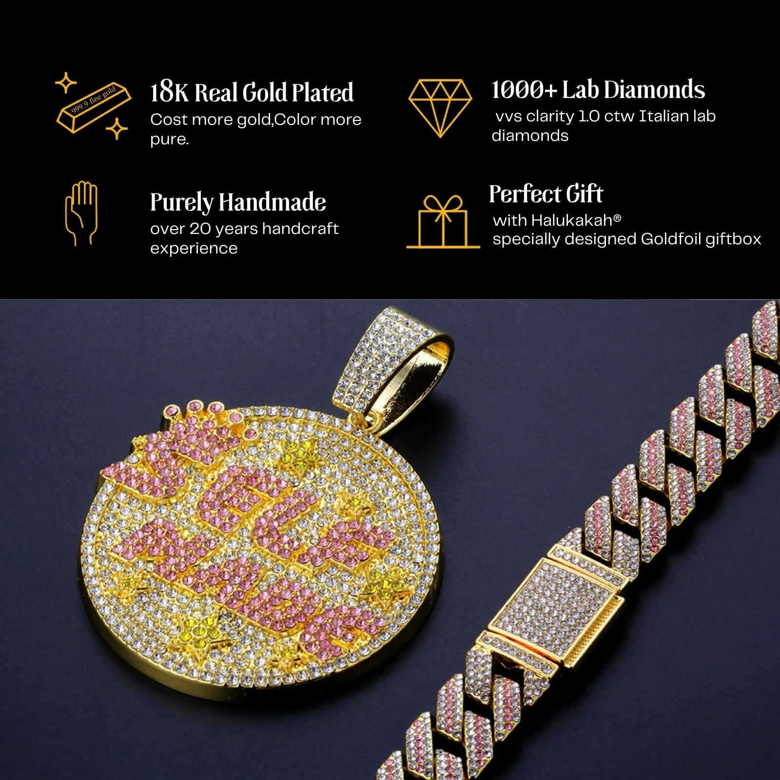 HALUKAKAH Collana Self Made in Oro 18K con Diamanti Rosa di Laboratorio, Catena Cubana 15mm 50cm - immagine 5