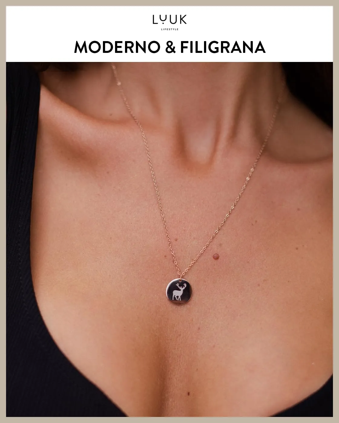 LUUK LIFESTYLE Collana con Ciondolo Medaglia Cervo, Oro Rosa, 50cm - immagine 3