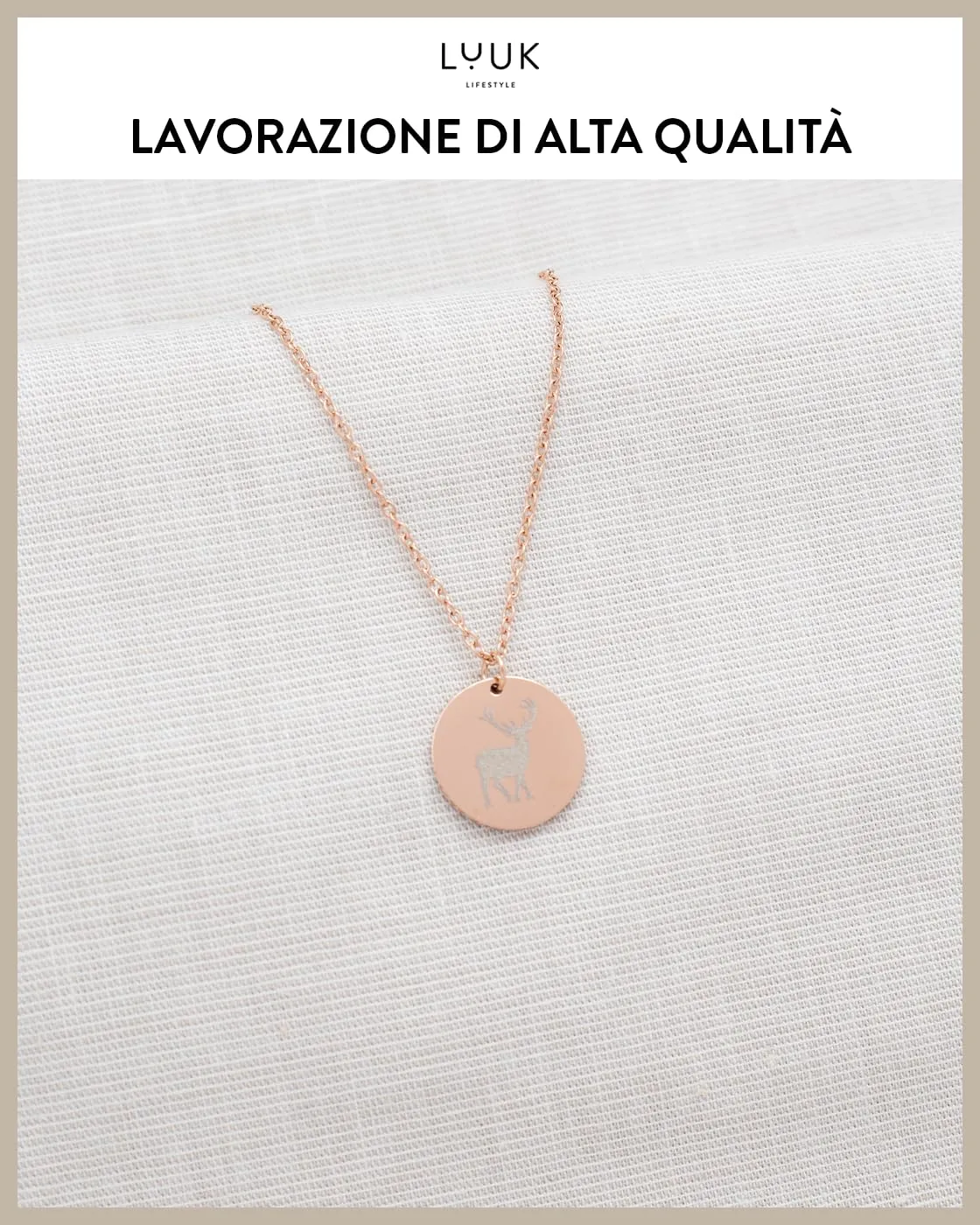 LUUK LIFESTYLE Collana con Ciondolo Medaglia Cervo, Oro Rosa, 50cm - immagine 4