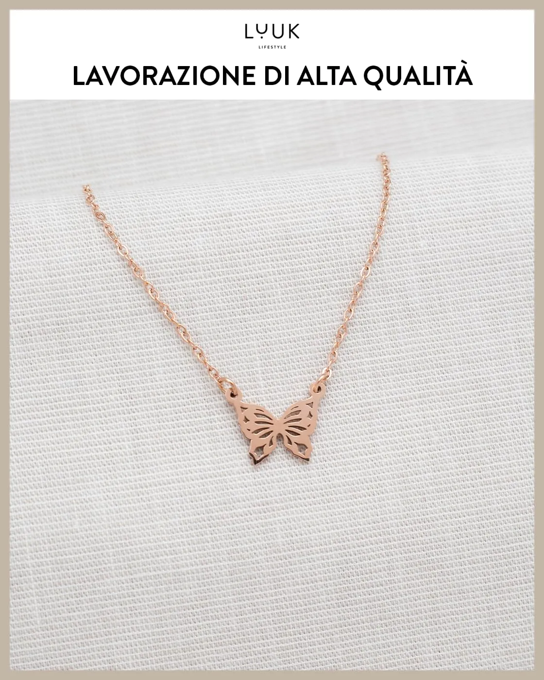 LUUK LIFESTYLE Collana in Acciaio Inox con Ciondolo Farfalla, Oro Rosa, 50cm - immagine 4