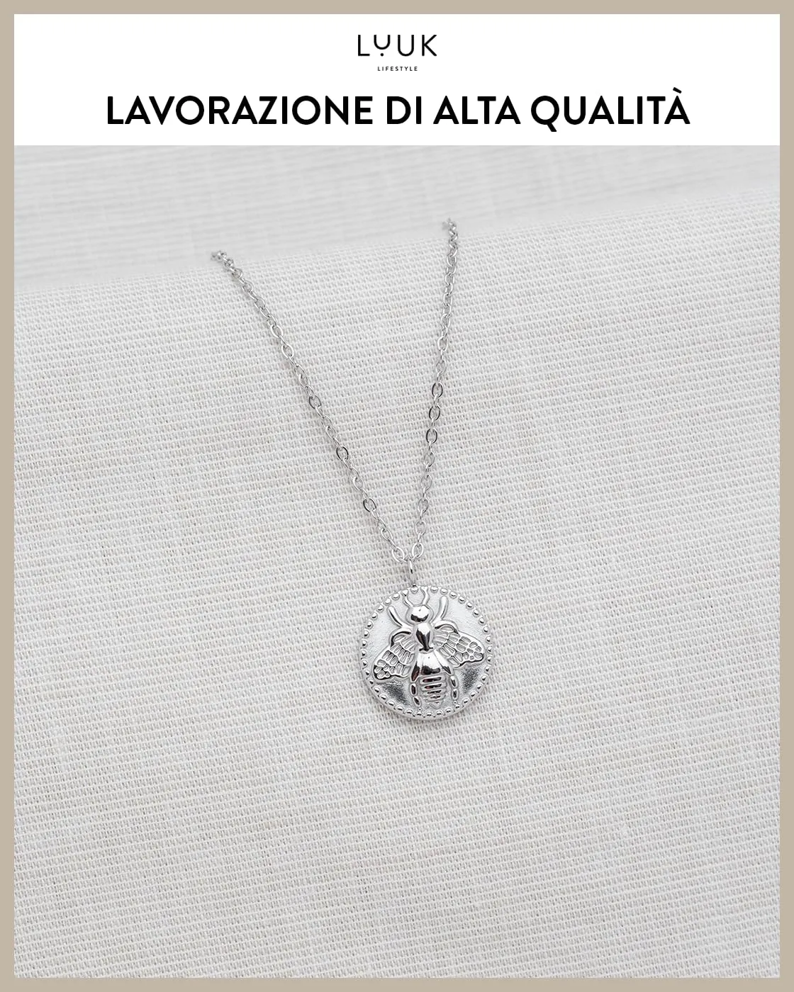 LUUK LIFESTYLE Collana in Acciaio Inox con Ciondolo Ape Regina, Argento, 50cm - immagine 4