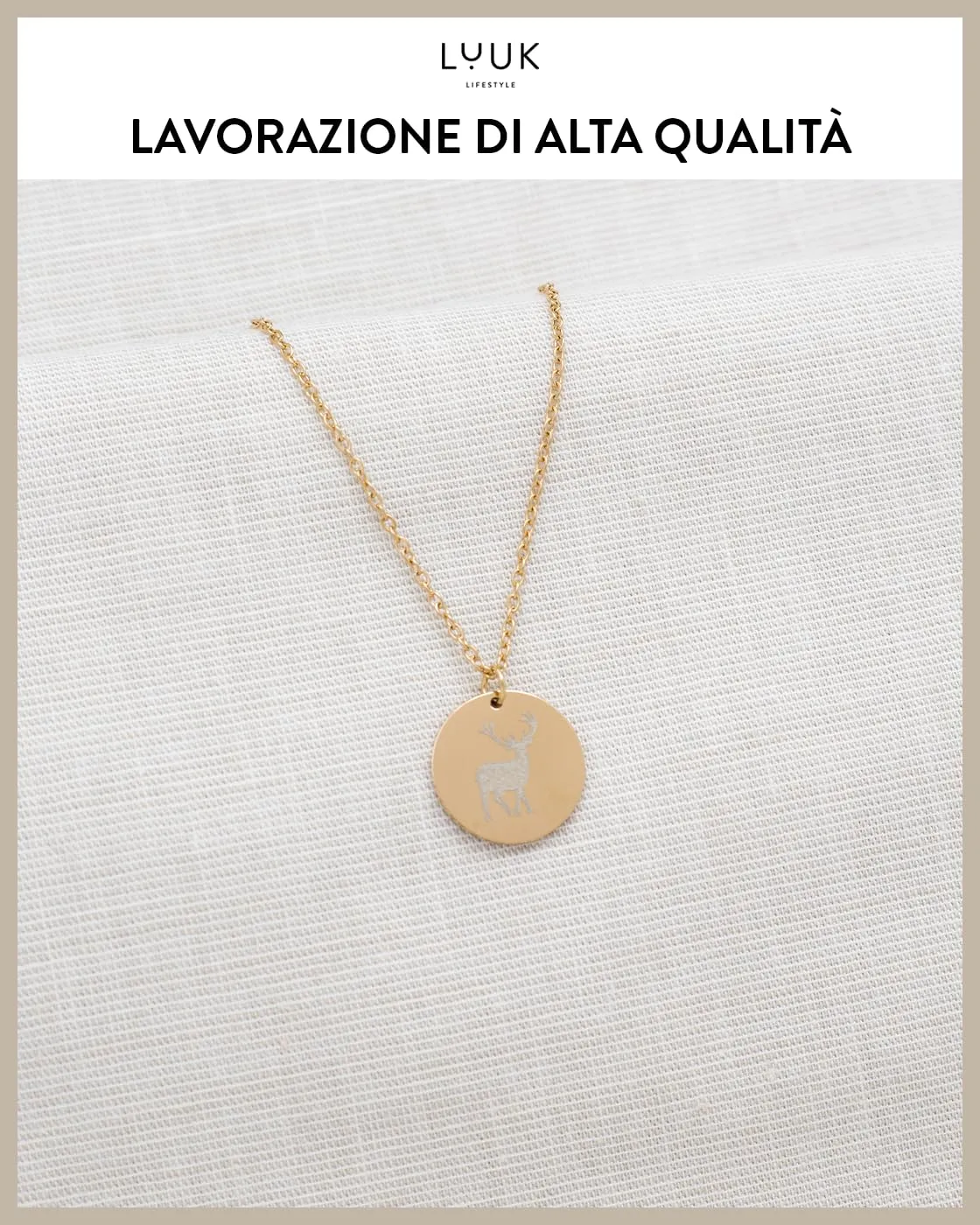 LUUK LIFESTYLE Collana in Acciaio Inox con Ciondolo Medaglia Cervo, Oro, 50cm - immagine 4