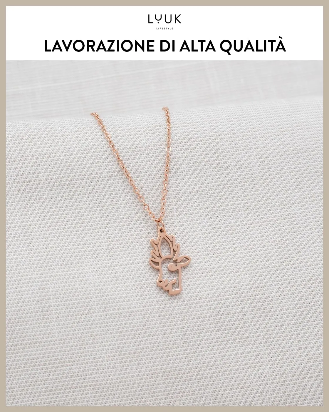 LUUK LIFESTYLE Collana in Acciaio Inox con Ciondolo Cervo, Oro Rosa, 50cm - immagine 4
