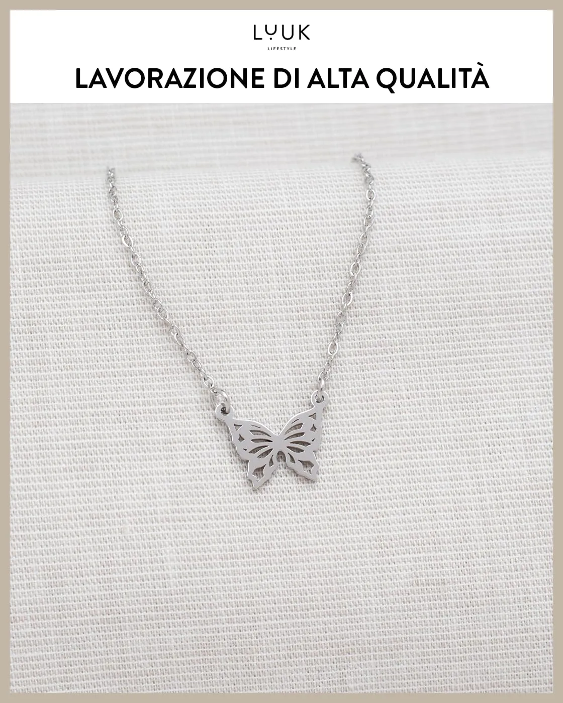 LUUK LIFESTYLE Collana in Acciaio Inox con Ciondolo Farfalla, Argento, 50cm - immagine 4
