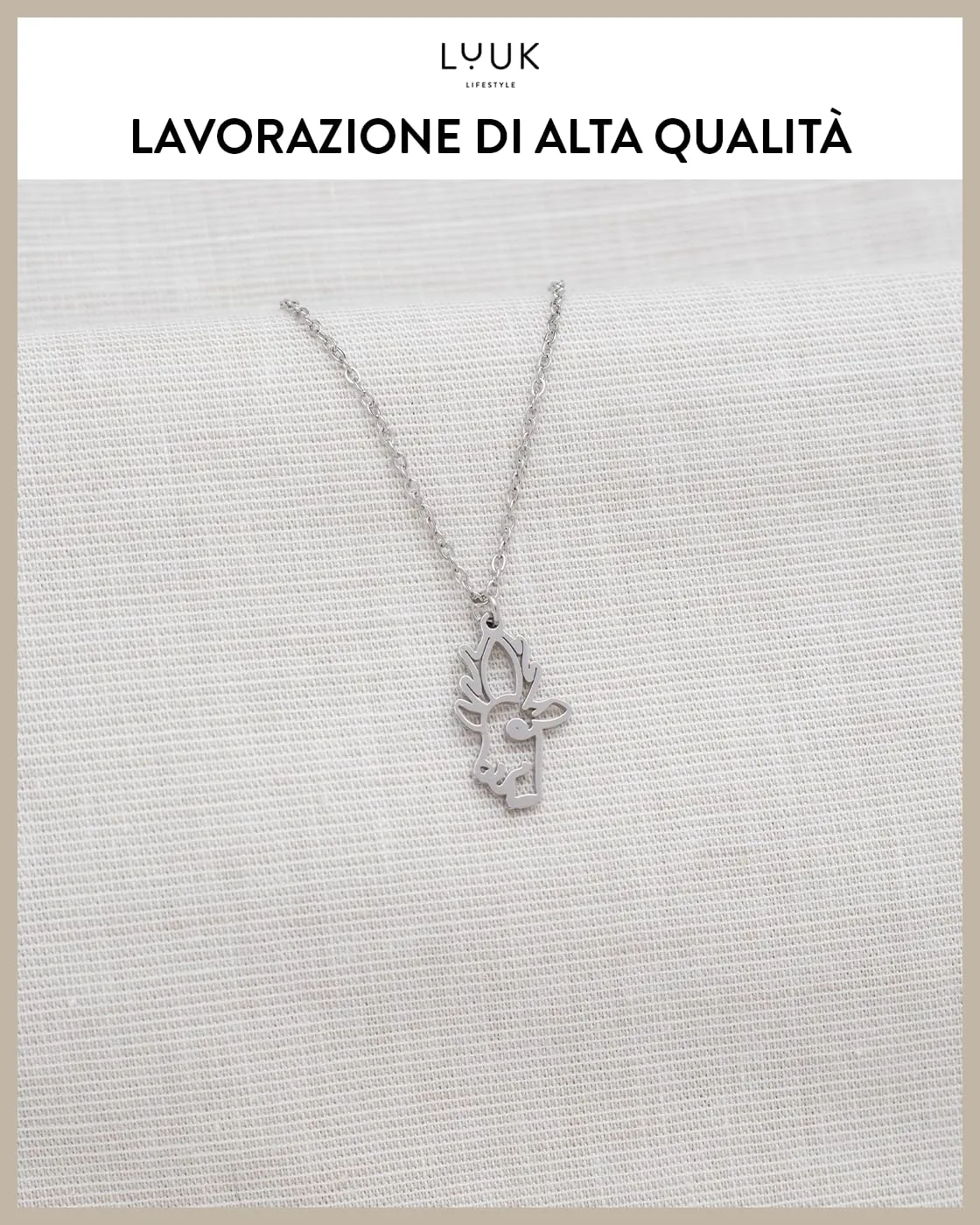 LUUK LIFESTYLE Collana in Acciaio Inox con Ciondolo Cervo, Argento, 50cm - immagine 4