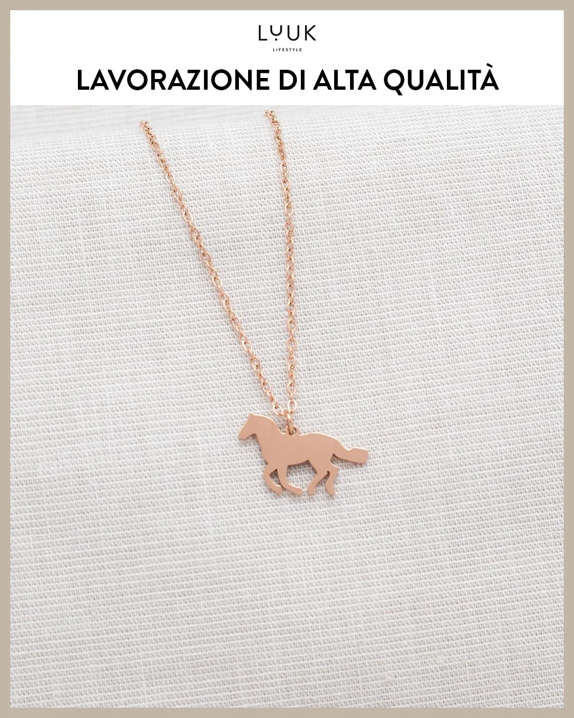 LUUK LIFESTYLE Collana in Acciaio Inox con Ciondolo Cavallo, Oro Rosa, 50cm - immagine 4