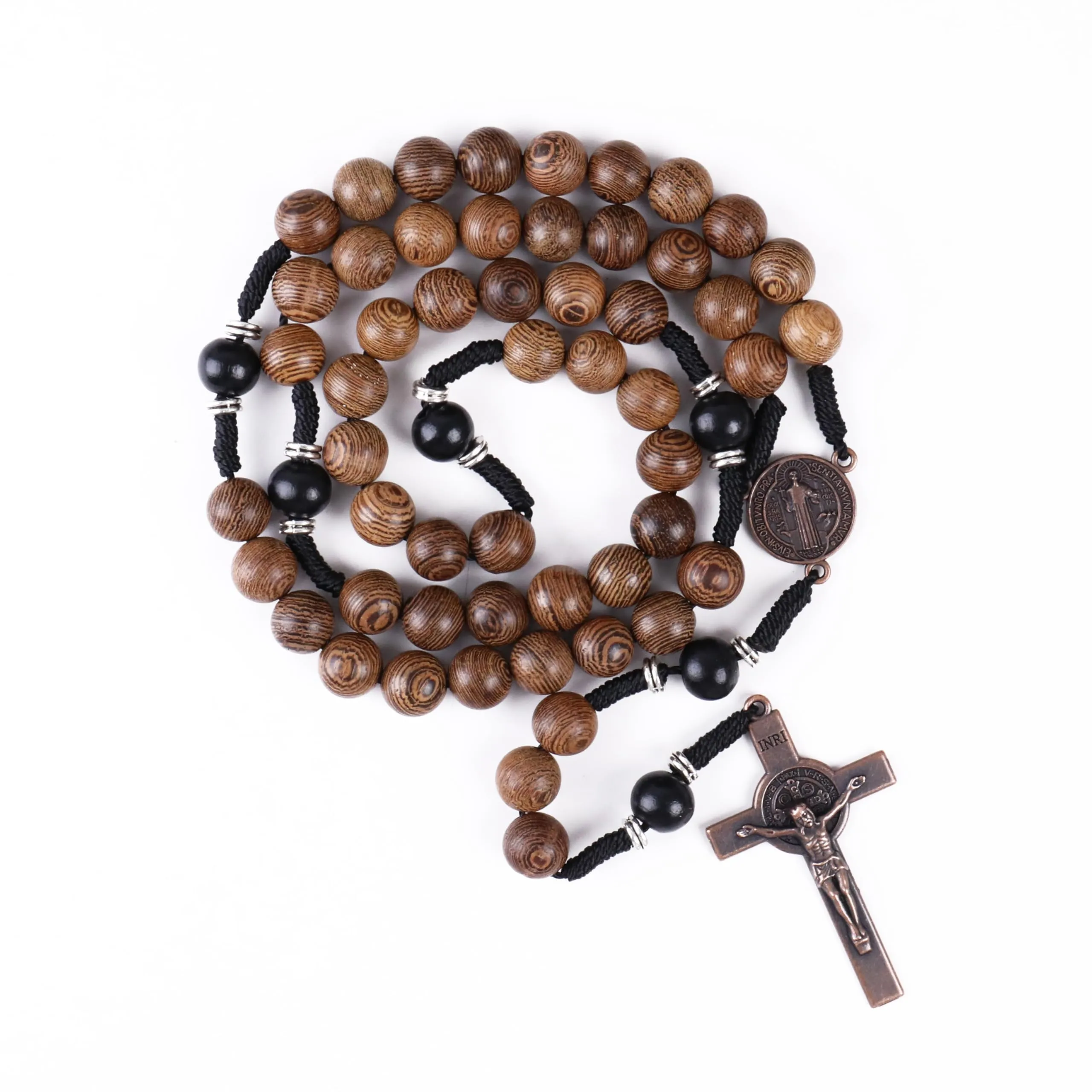 Nazareth Store Rosario in legno di olivo e nero con crocifisso e medaglia di San Benedetto in rame antico, 20.6" - immagine 1