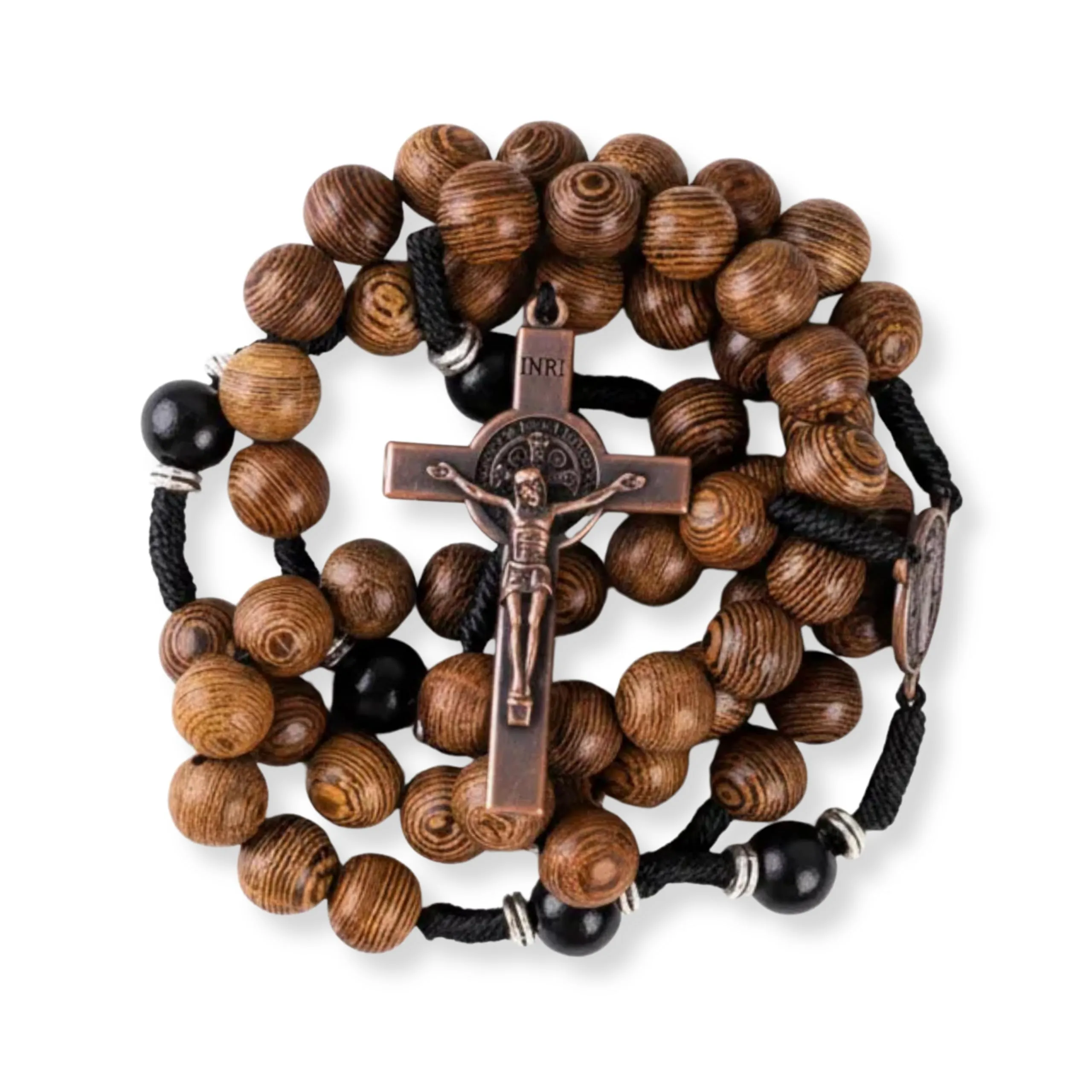 Nazareth Store Rosario in legno di olivo e nero con crocifisso e medaglia di San Benedetto in rame antico, 20.6" - immagine 3