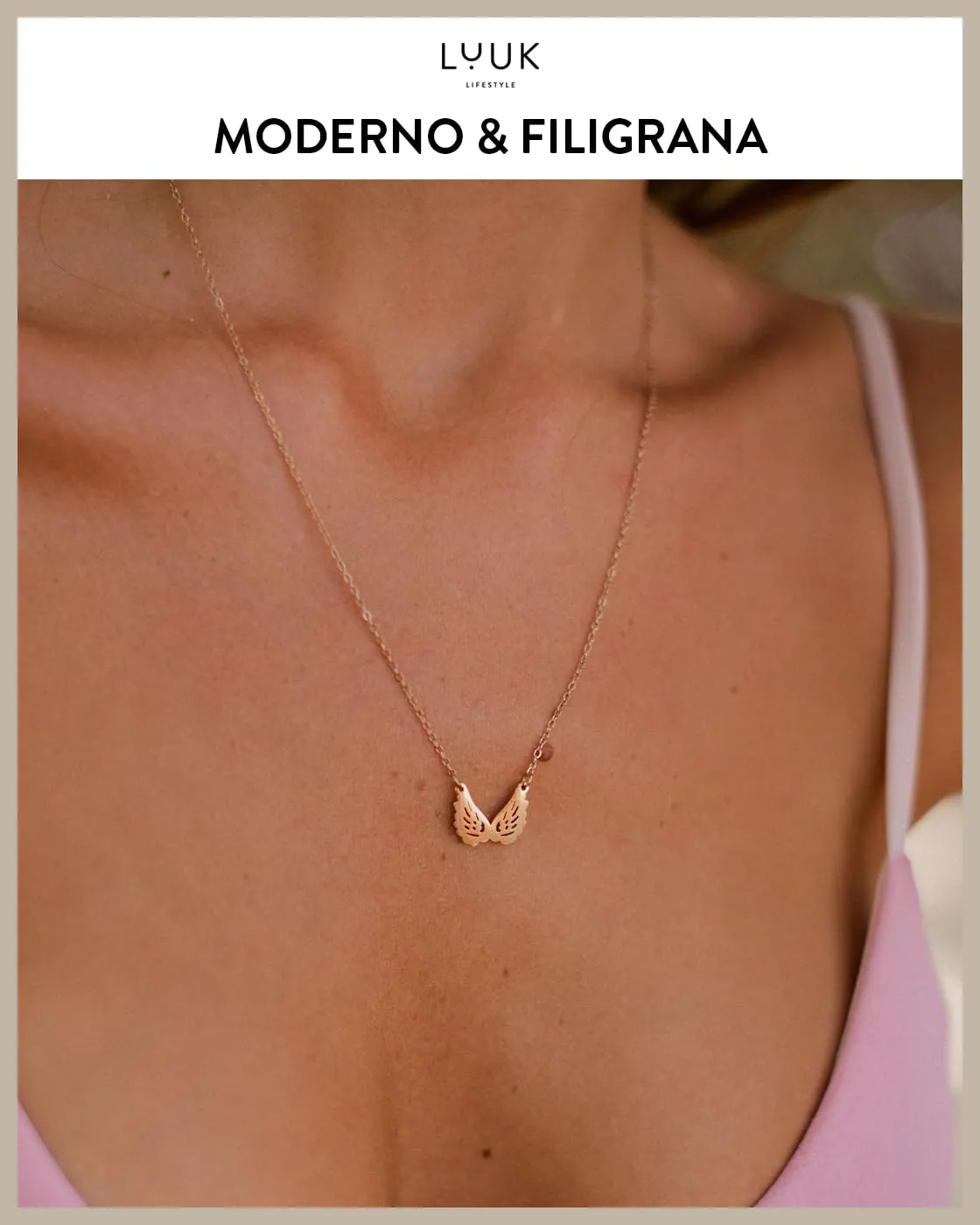 LUUK LIFESTYLE Collana con Ciondolo Ali d'Angelo, Oro Rosa, 50cm - immagine 3