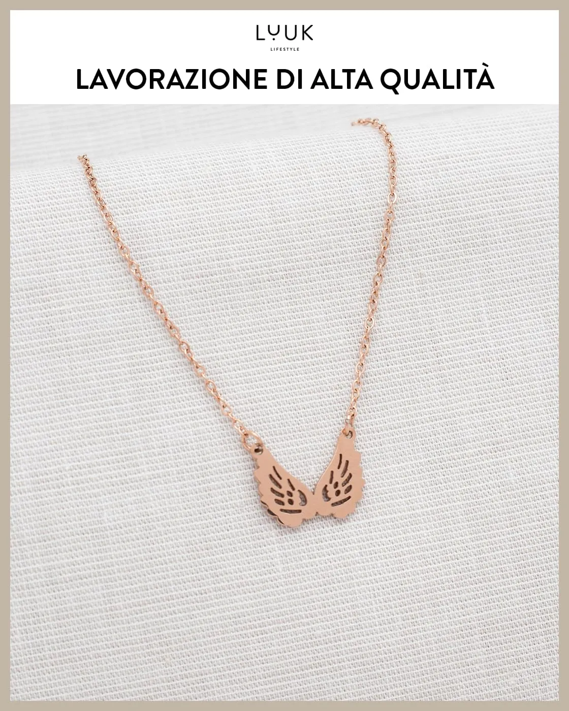 LUUK LIFESTYLE Collana con Ciondolo Ali d'Angelo, Oro Rosa, 50cm - immagine 4
