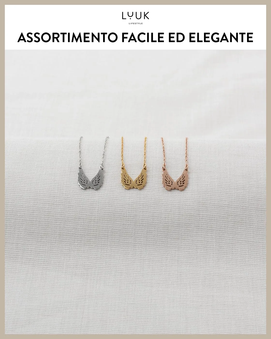 LUUK LIFESTYLE Collana con Ciondolo Ali d'Angelo, Oro Rosa, 50cm - immagine 5