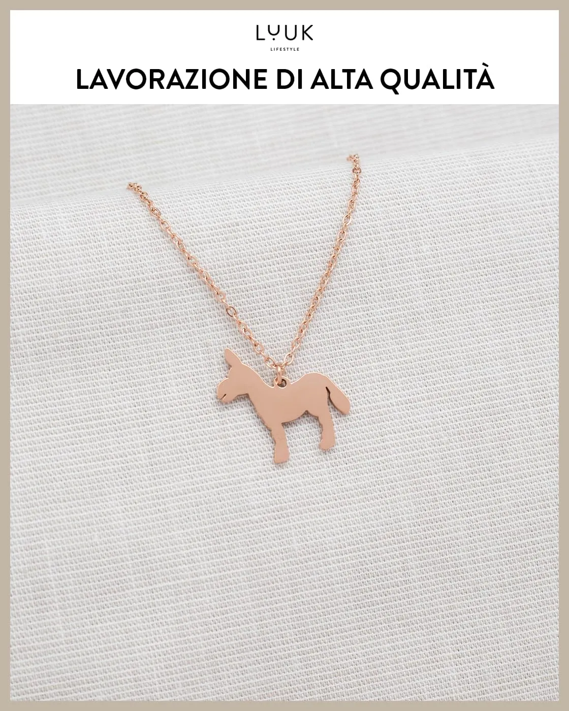 LUUK LIFESTYLE Collana in Acciaio Inox con Ciondolo Asino, Oro Rosa, 50cm - immagine 4