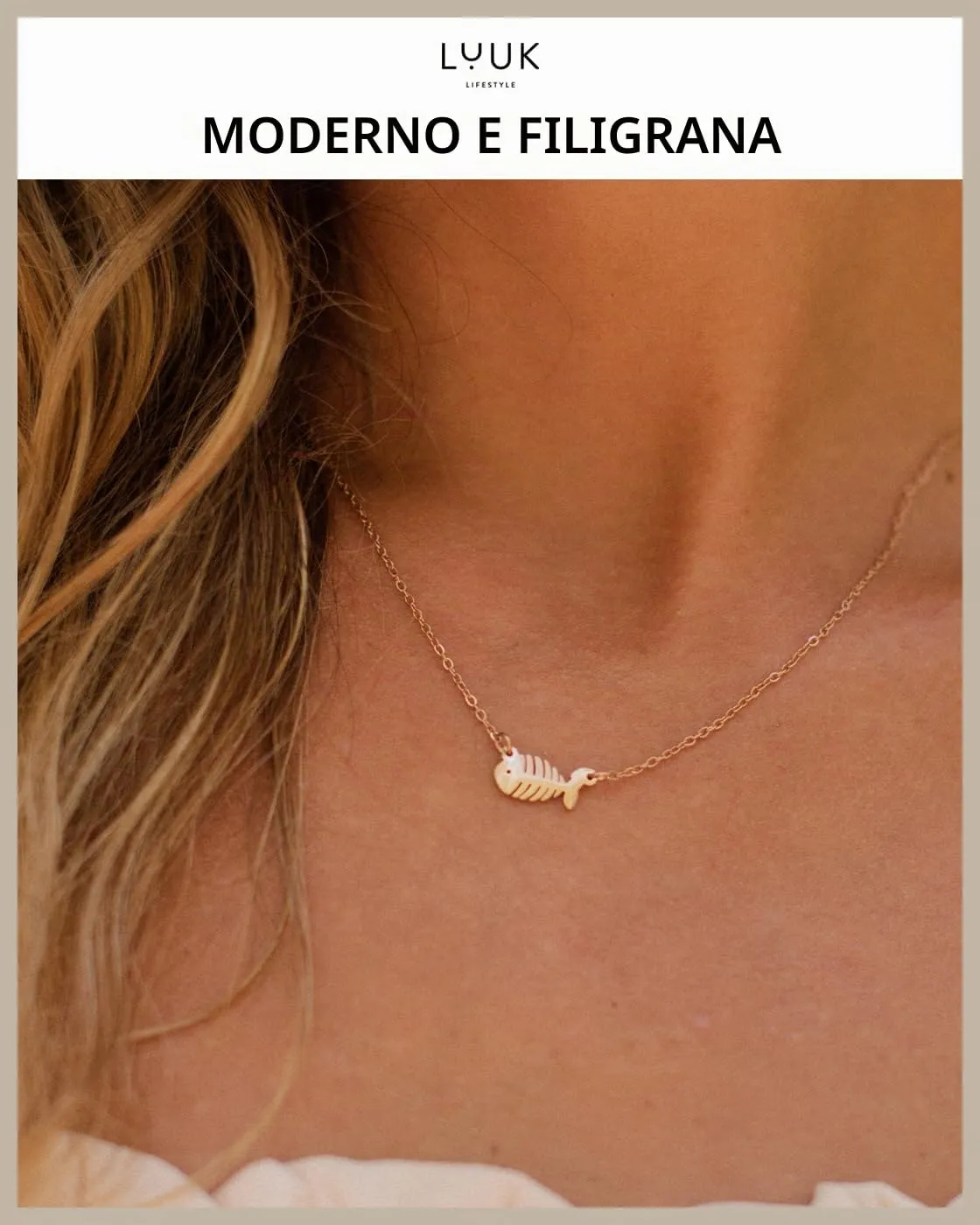 LUUK LIFESTYLE Collana con Ciondolo Lisca di Pesce, Oro Rosa, 50cm - immagine 3