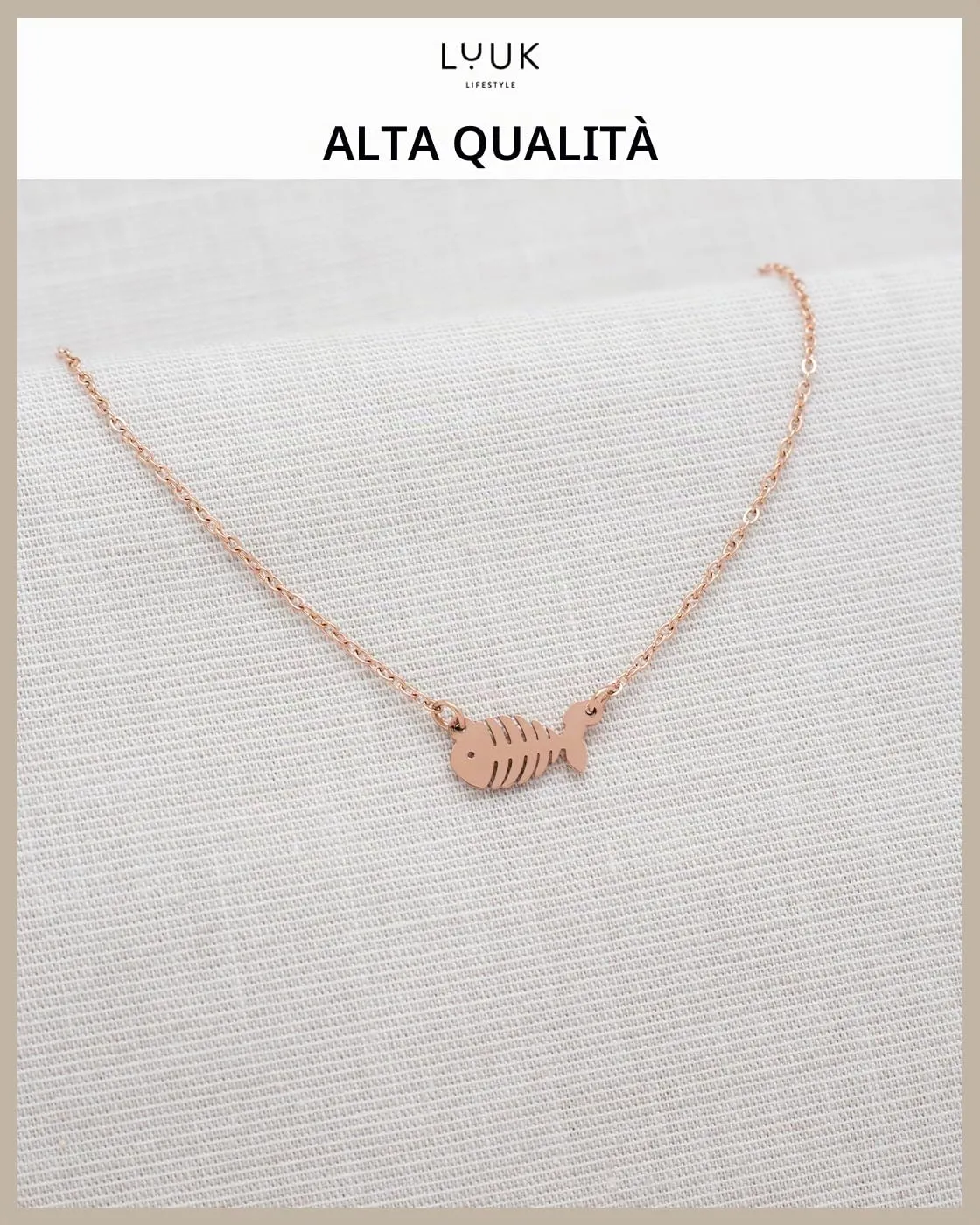 LUUK LIFESTYLE Collana con Ciondolo Lisca di Pesce, Oro Rosa, 50cm - immagine 4