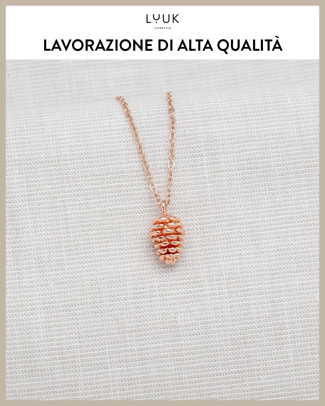 LUUK LIFESTYLE Collana in Acciaio Inossidabile con Ciondolo Pigna, Oro Rosa, 50cm - immagine 4