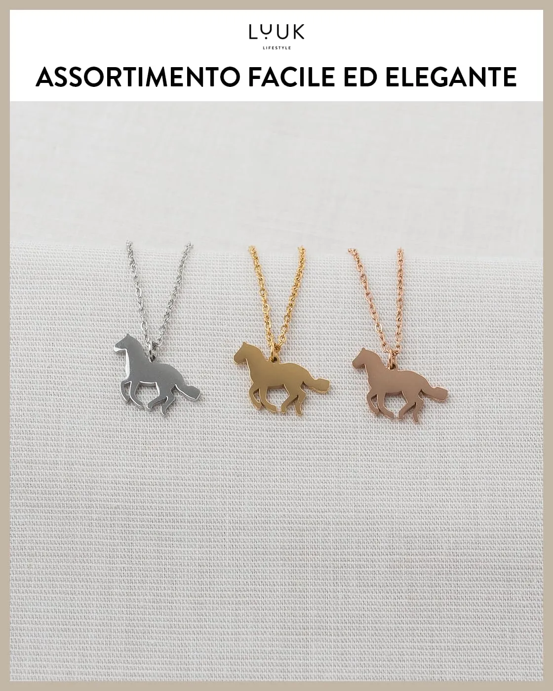 LUUK LIFESTYLE Collana in Acciaio Inox con Ciondolo Cavallo, Argento, 50cm - immagine 5
