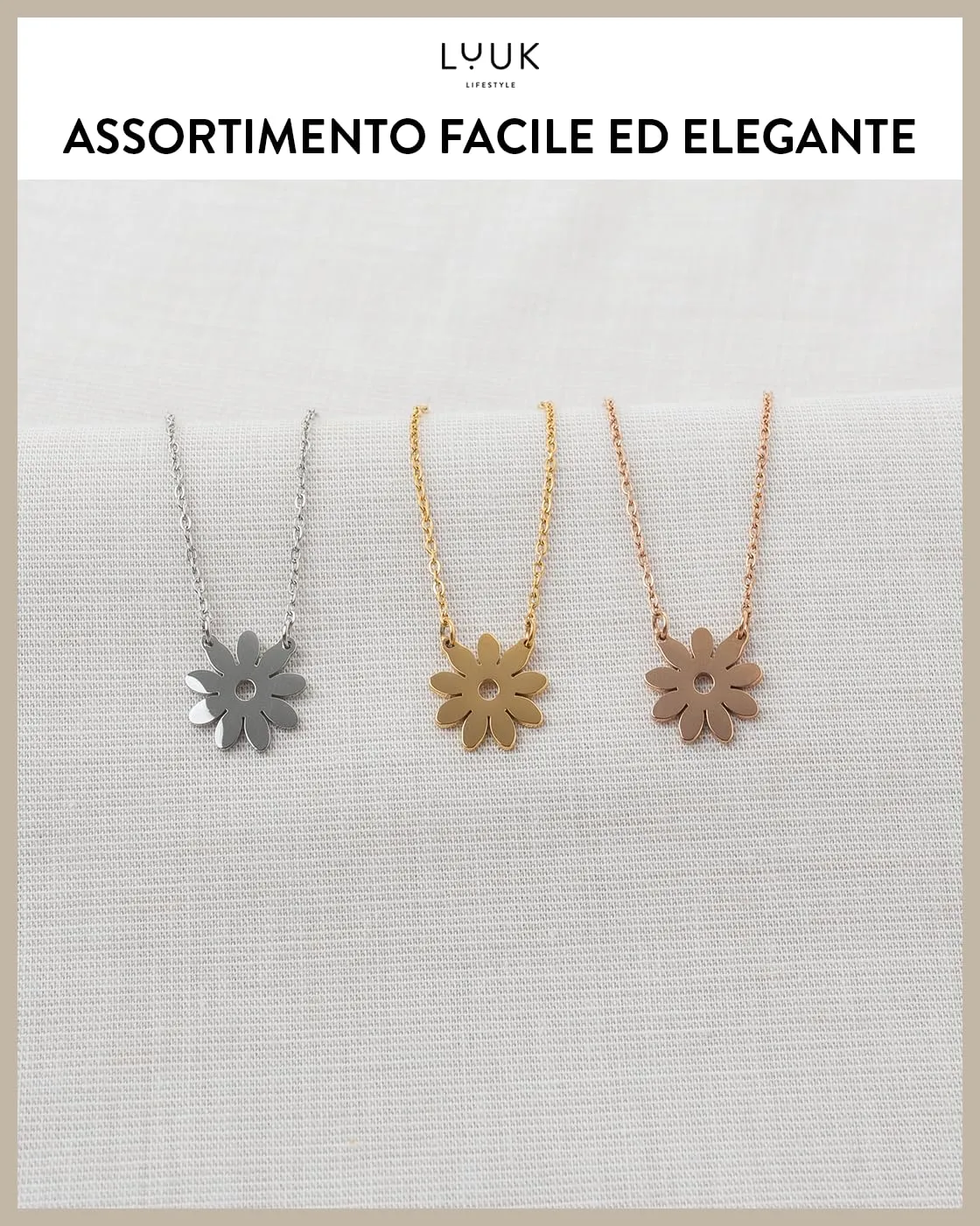LUUK LIFESTYLE Collana in Acciaio Inox con Ciondolo Margherita, Argento, 50cm - immagine 5