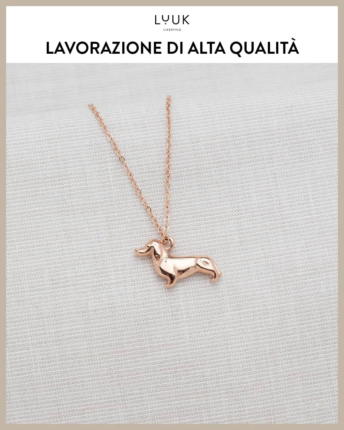 LUUK LIFESTYLE Collana in Acciaio Inox con Ciondolo Bassotto, Oro Rosa, 50cm - immagine 4